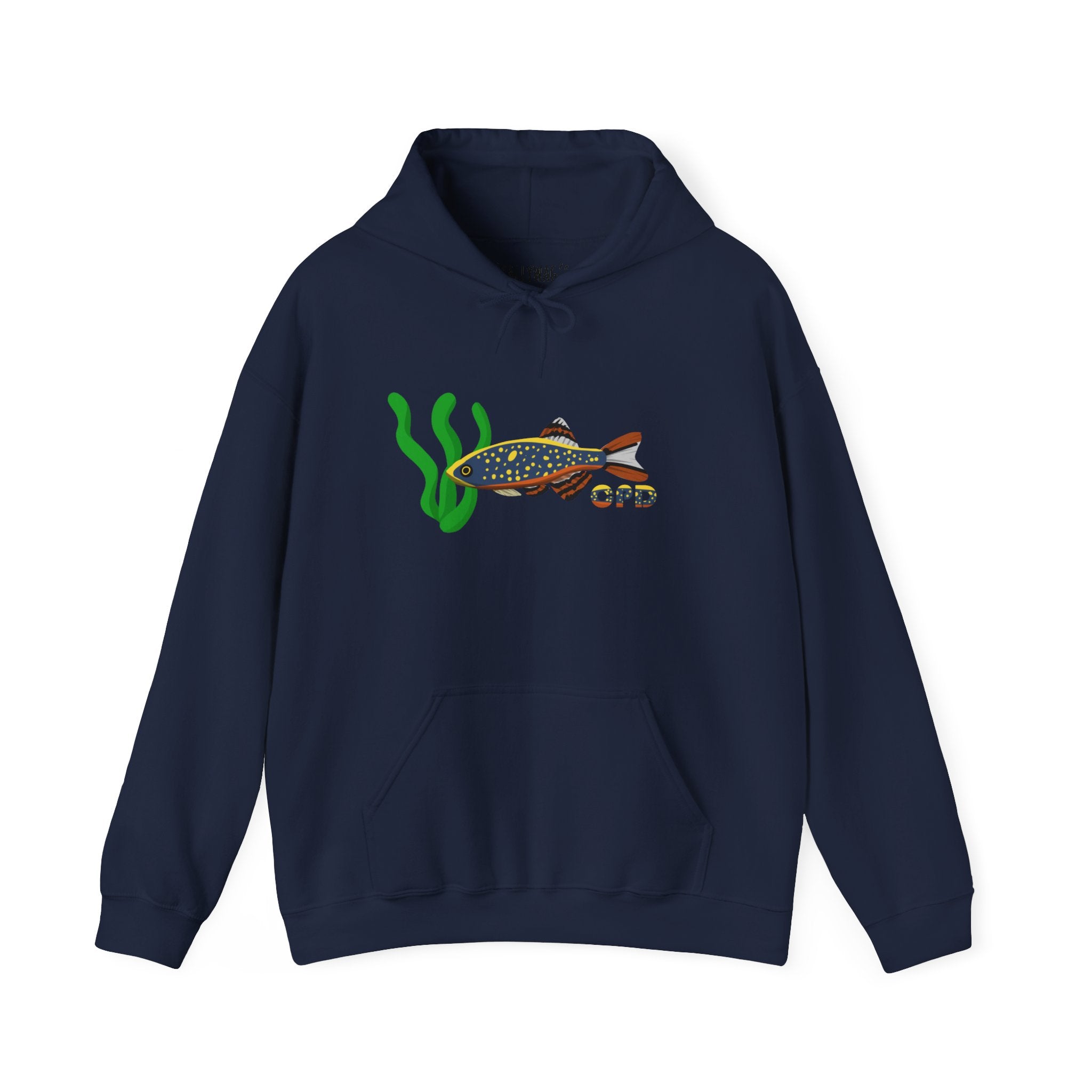 Navy hoodie with Celestial Pearl Danio fish design and green aquatic plants graphic