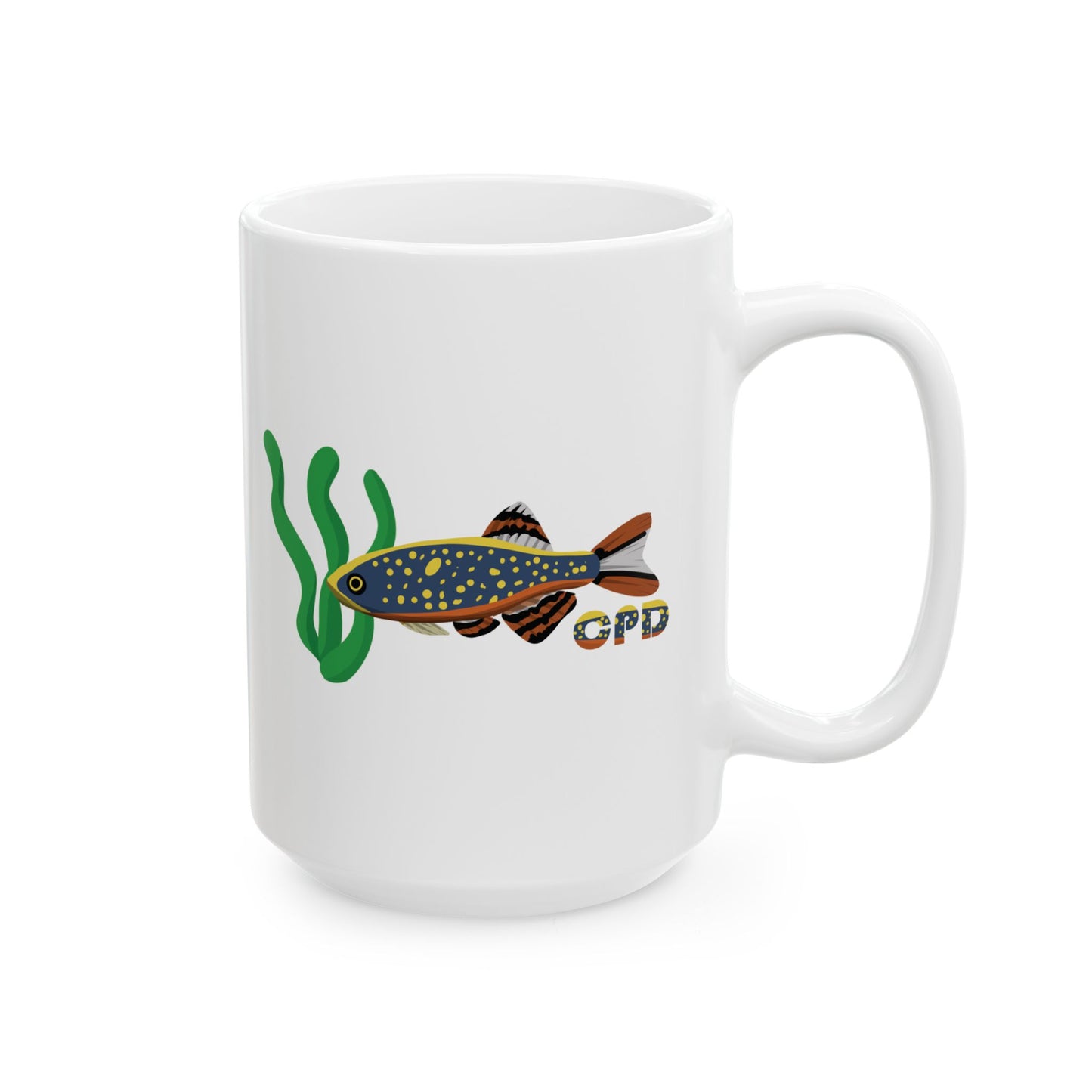 White Celestial Pearl Danio mug with colorful fish and green aquatic plants design