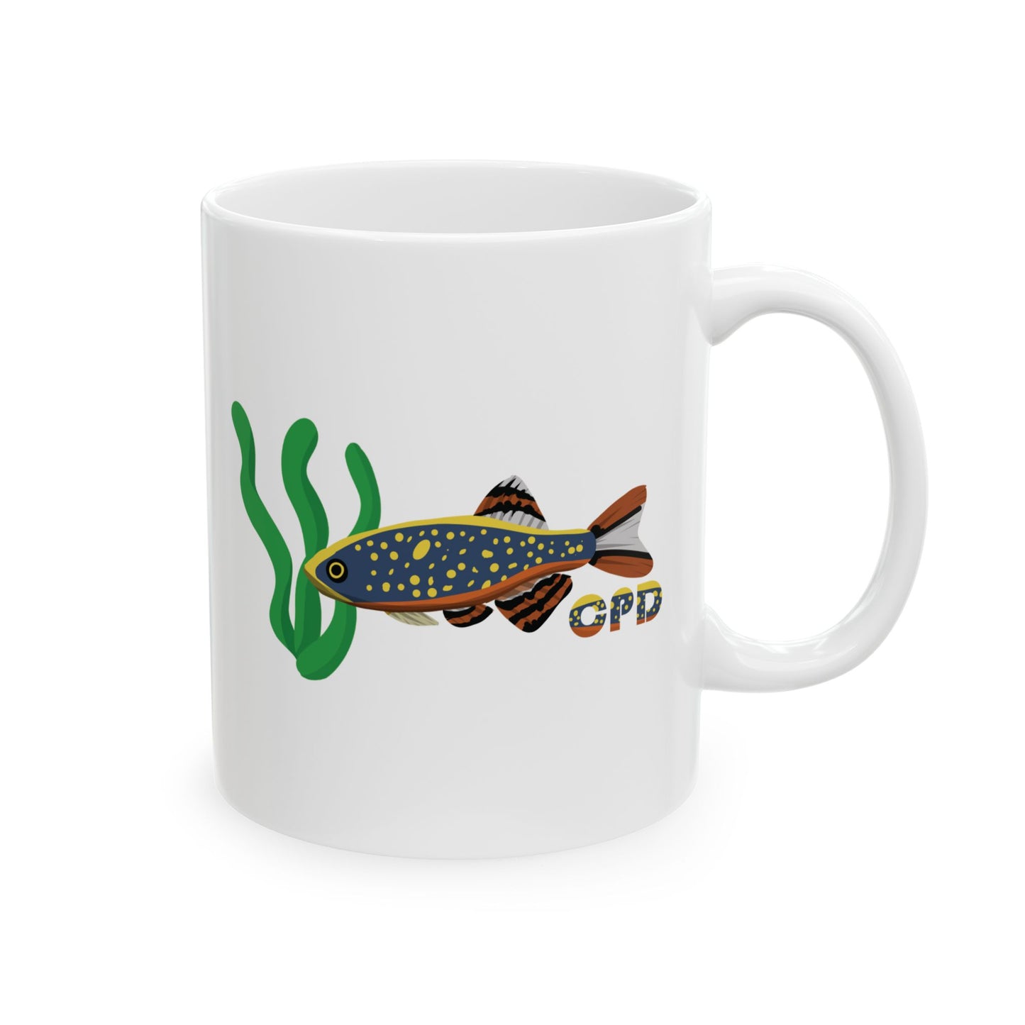 White ceramic Celestial Pearl Danio mug with colorful fish and green aquatic plant print