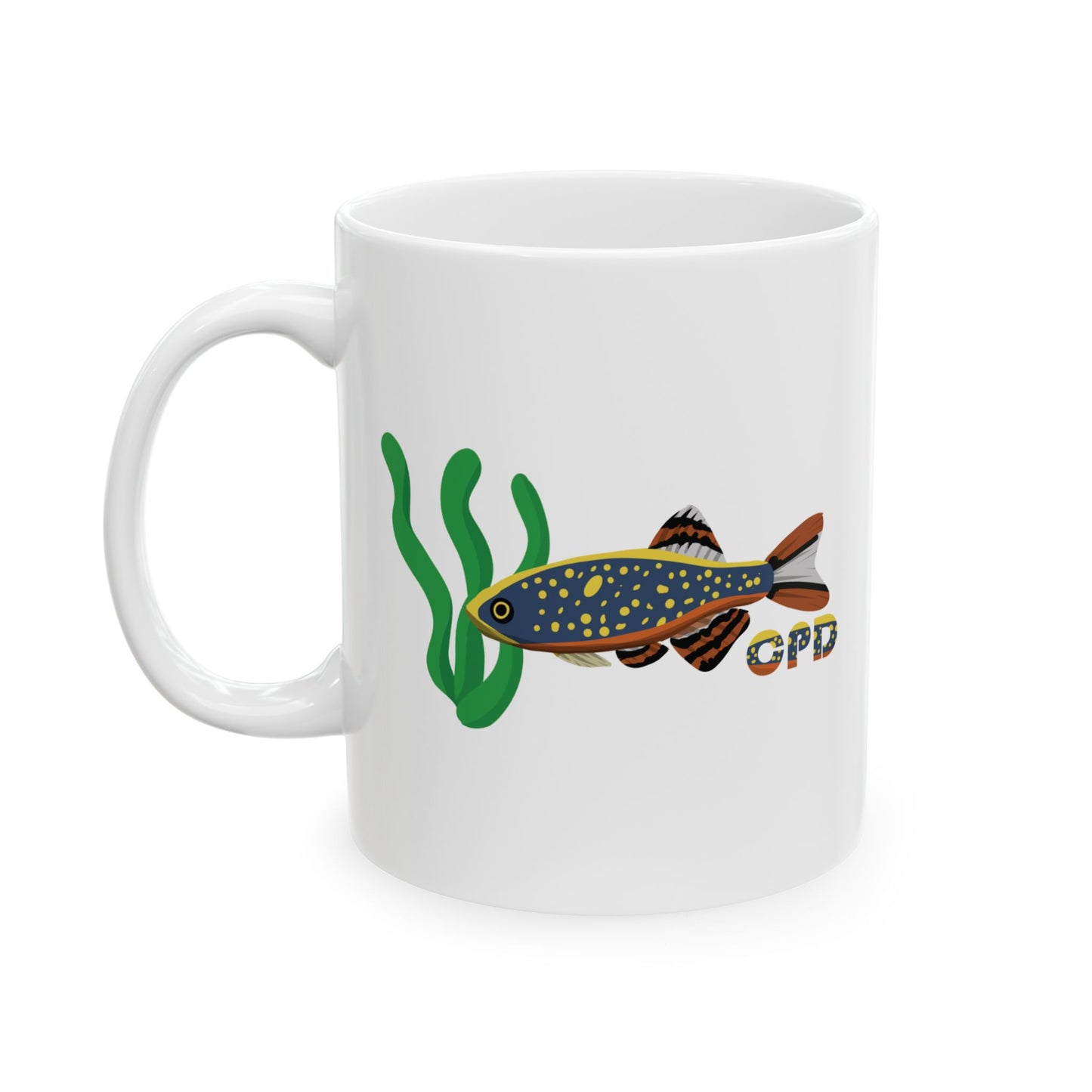 White mug featuring a colorful Celestial Pearl Danio mug design with green aquatic plants
