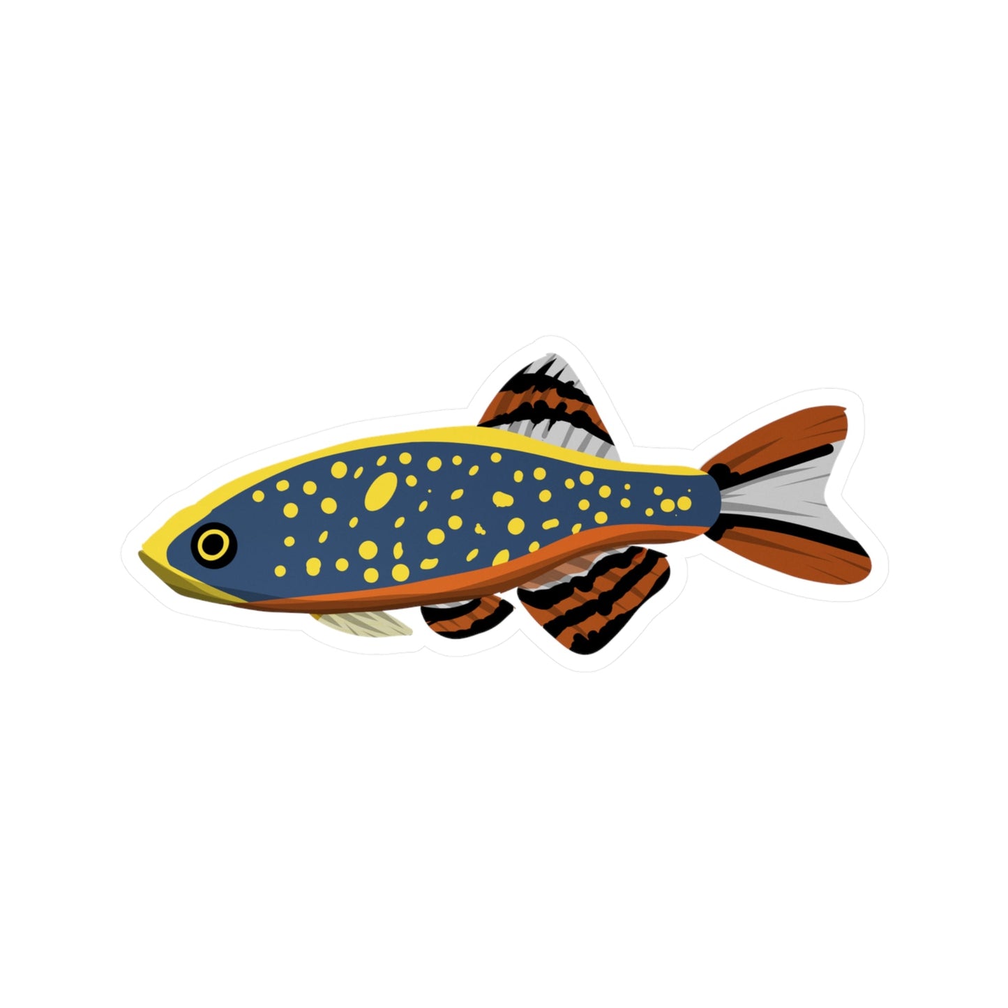 Printify Celestial Pearl Danio sticker featuring a colorful fish with yellow spots and striped fins