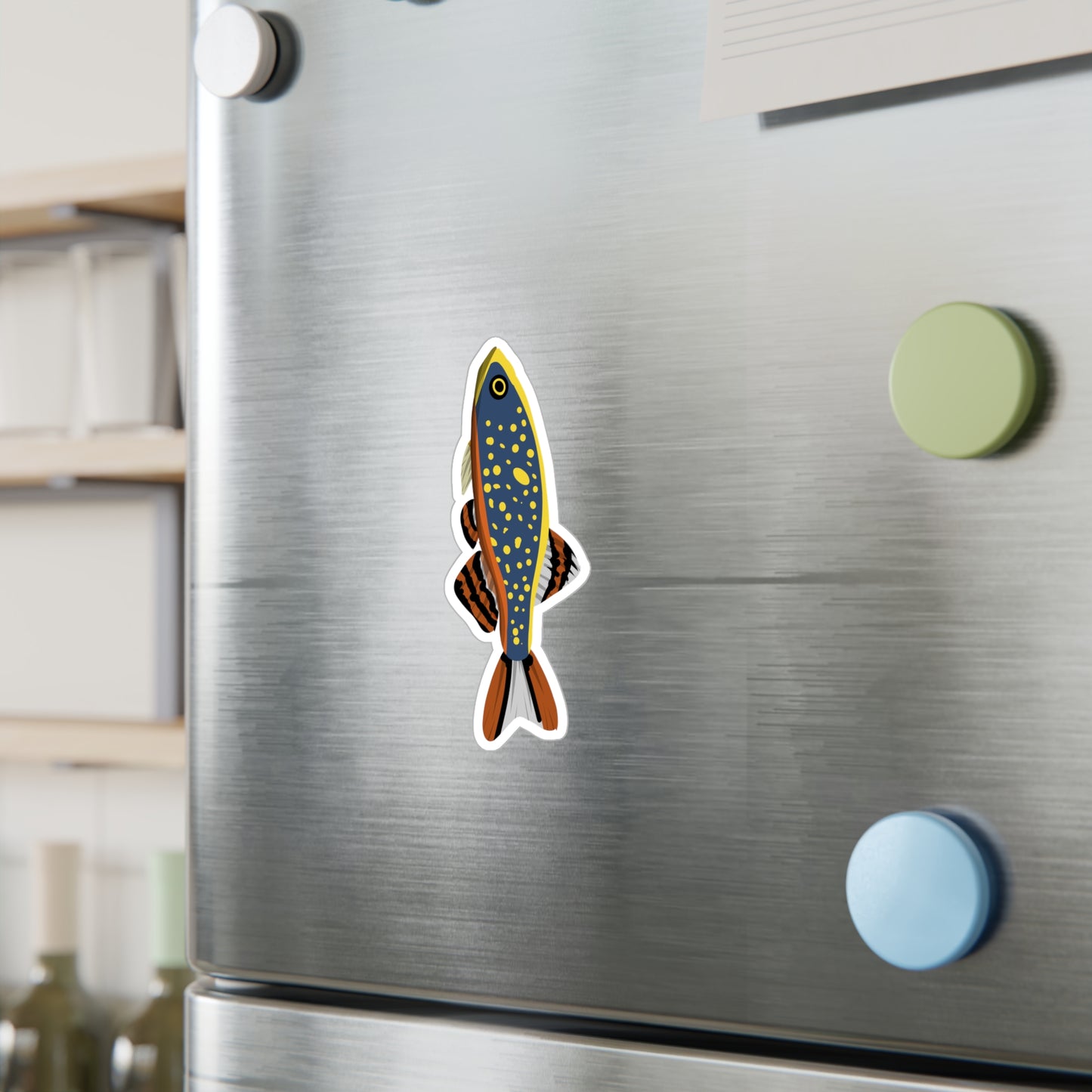 Celestial Pearl Danio sticker on stainless steel refrigerator door alongside colorful magnets