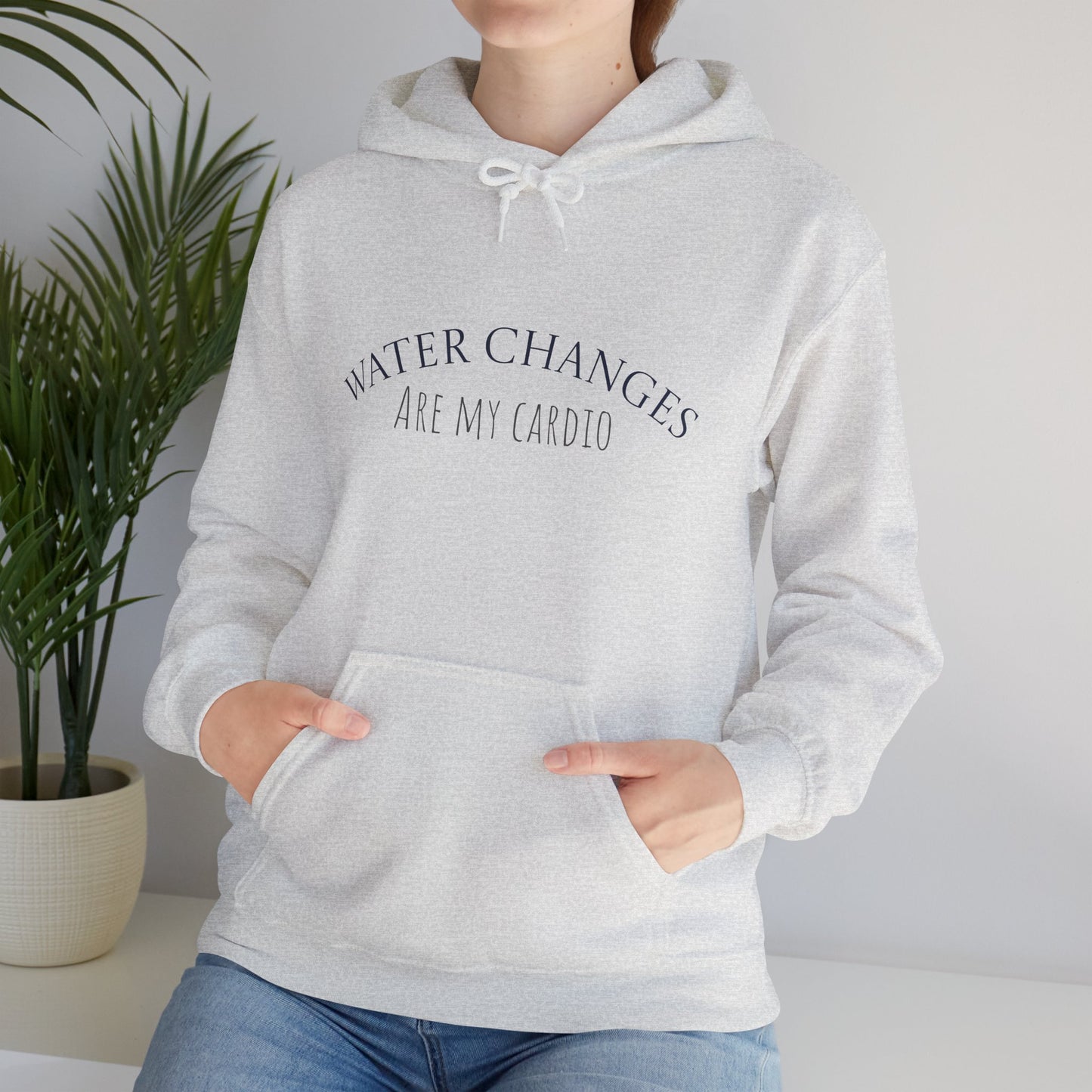Funny fishkeeping hoodie in light gray with Water Changes Are My Cardio text on front