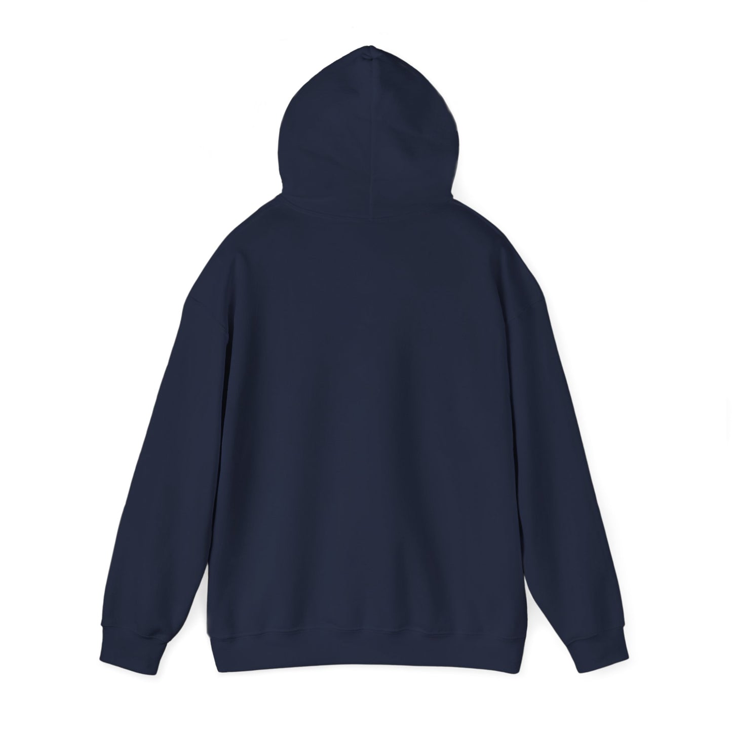 Back of navy hoodie with hood up, no visible graphic