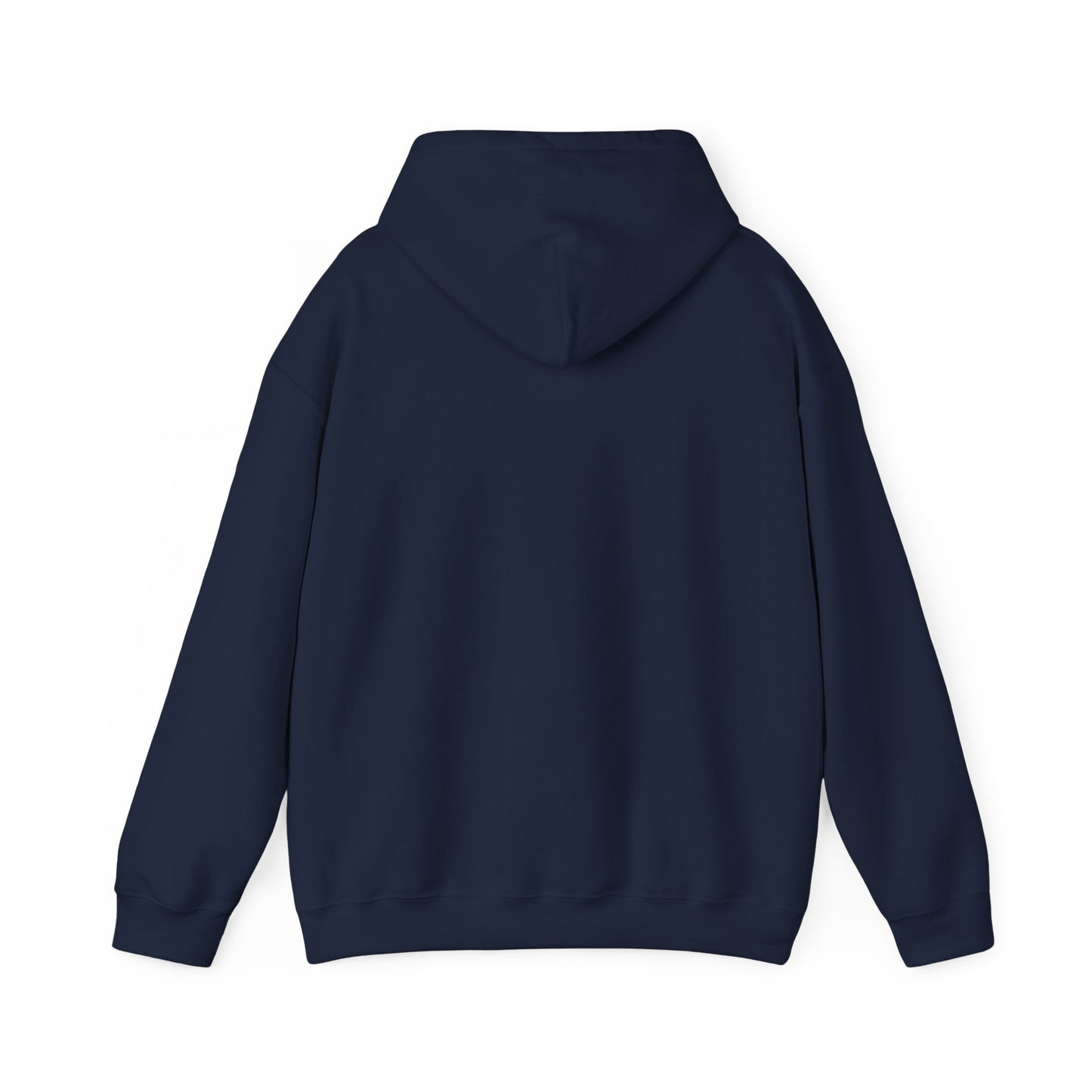 Back view of navy blue funny fishkeeping hoodie with long sleeves and a hood