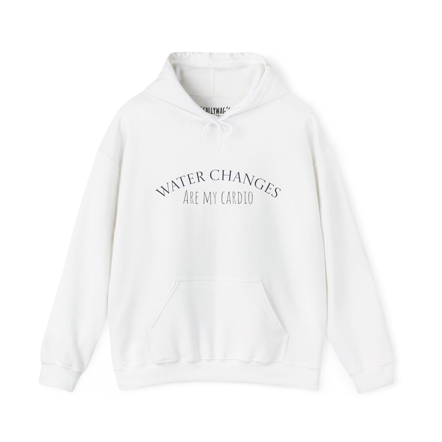 White funny fishkeeping hoodie with Water Changes Are My Cardio text and front pocket