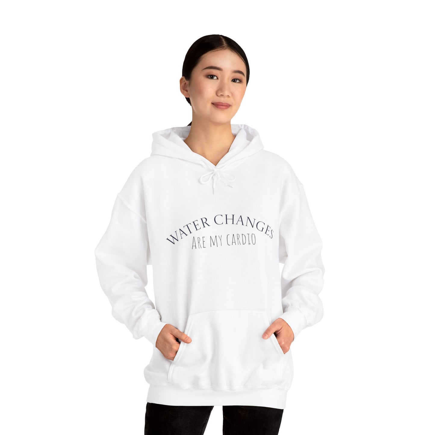 White hoodie with Water Changes Are My Cardio text funny fishkeeping hoodie