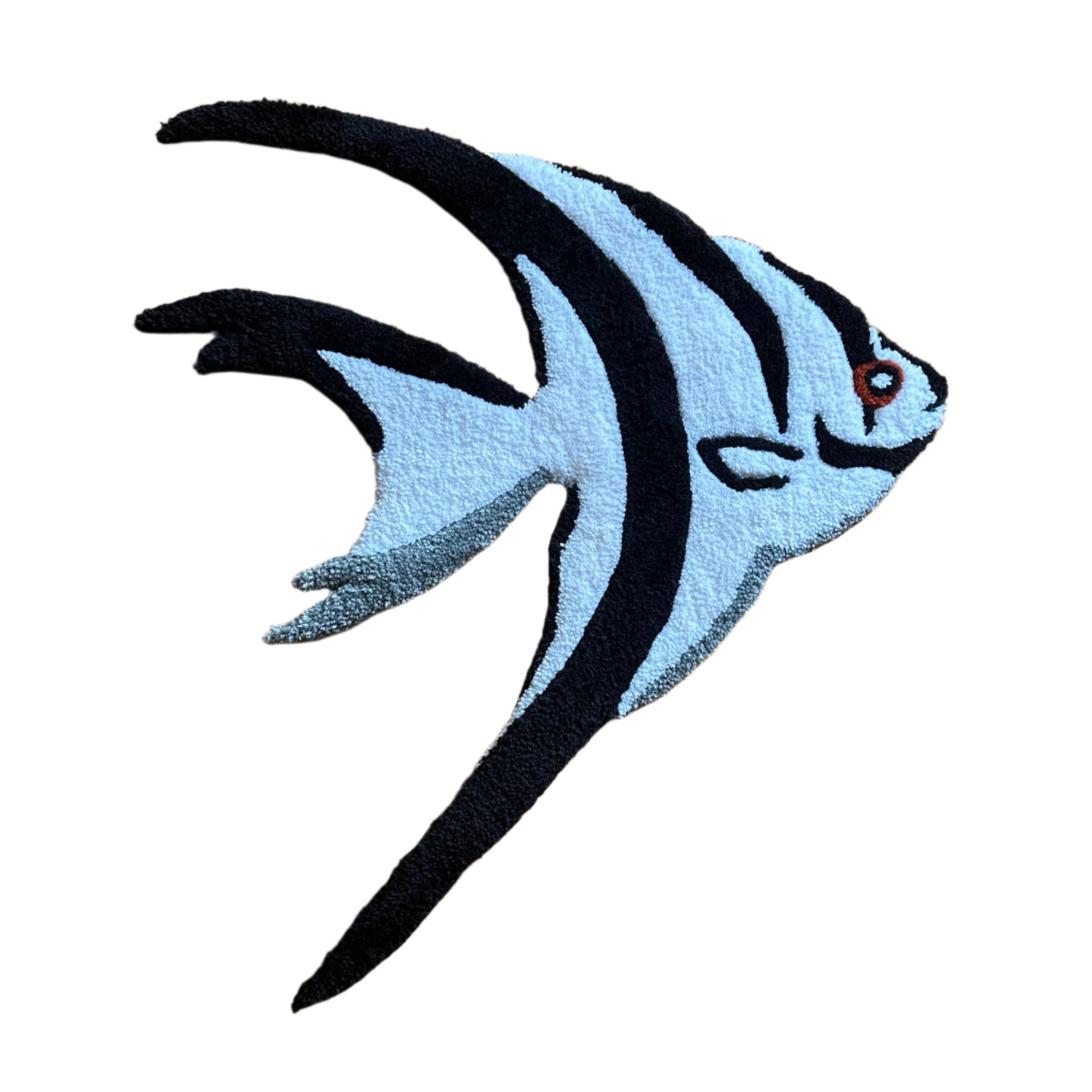 Handmade angelfish rug in blue and black with artistic fish design by Scallywags Fish Bowl