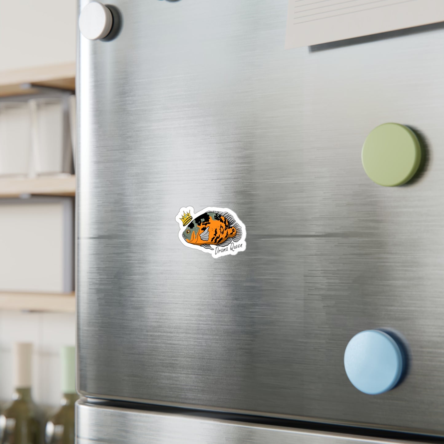 Oscar Cichlid vinyl sticker on a silver refrigerator door with colorful magnets around it