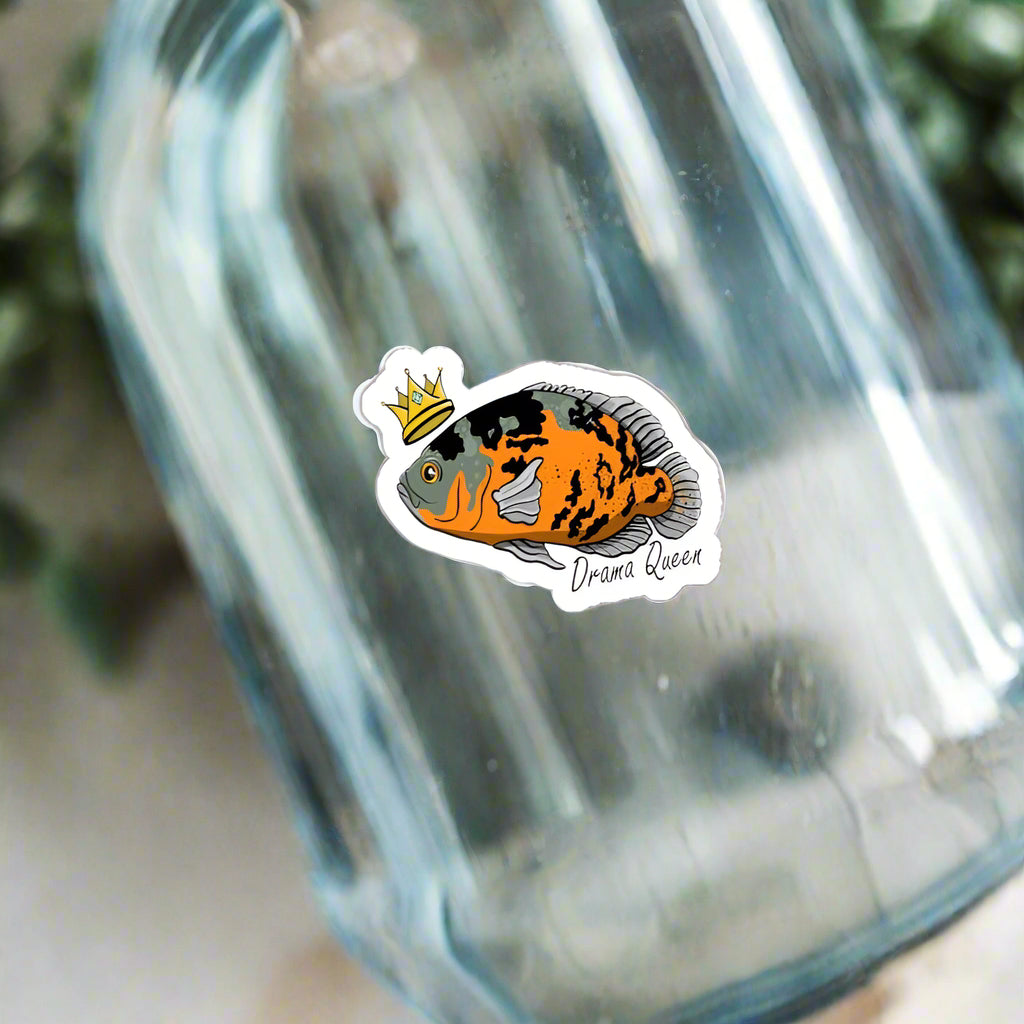 Oscar Cichlid vinyl sticker with colorful fish design and crown on glass surface