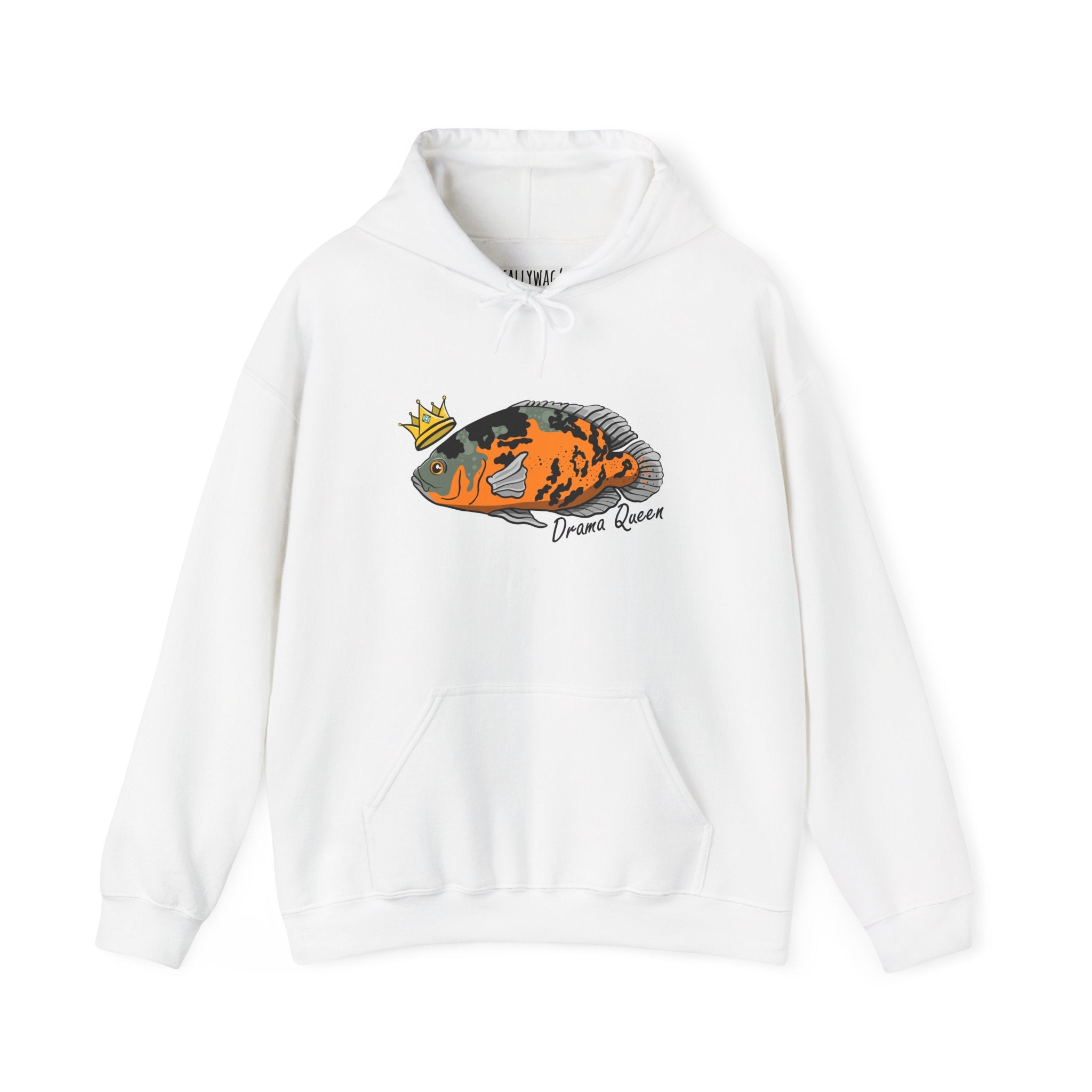 White hoodie featuring a colorful Oscar fish hoodie graphic with crown and Drama Queen text