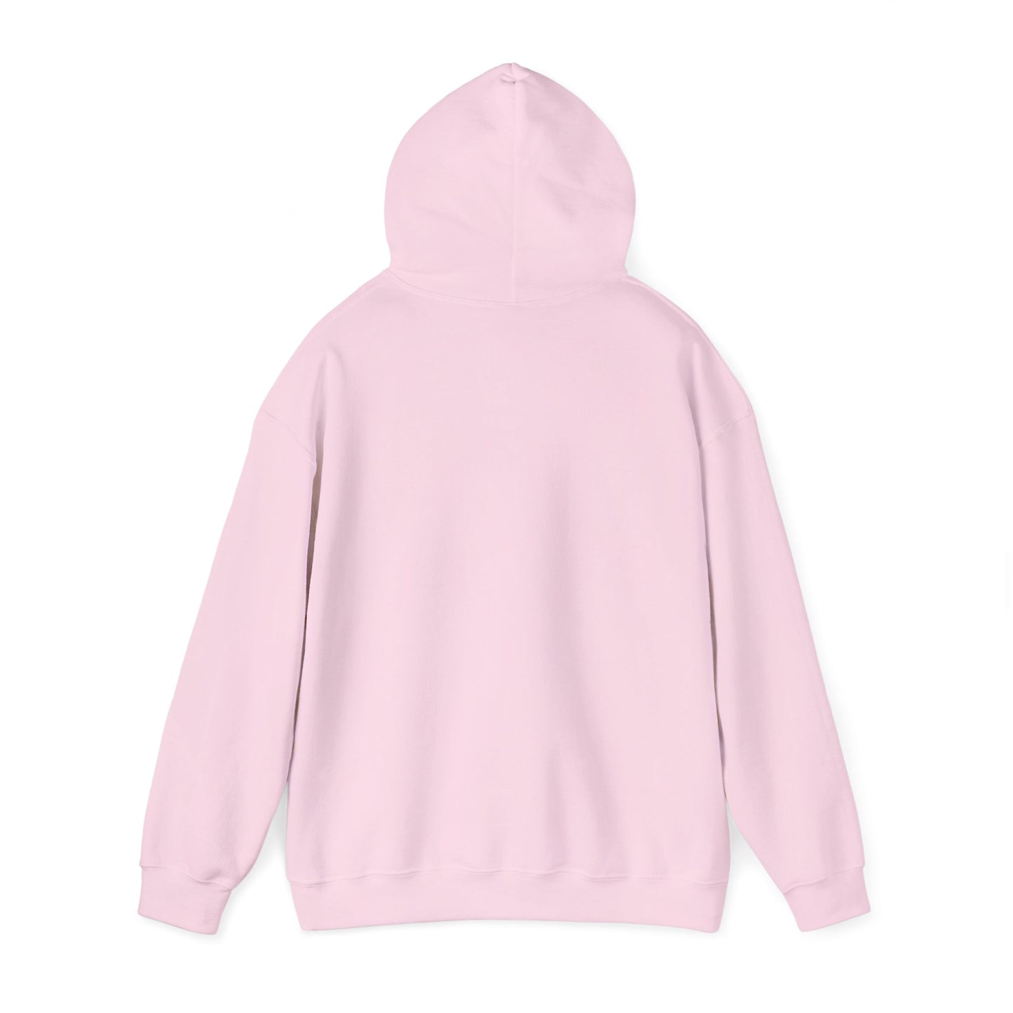 Back of pink hoodie with hood up, no visible graphic