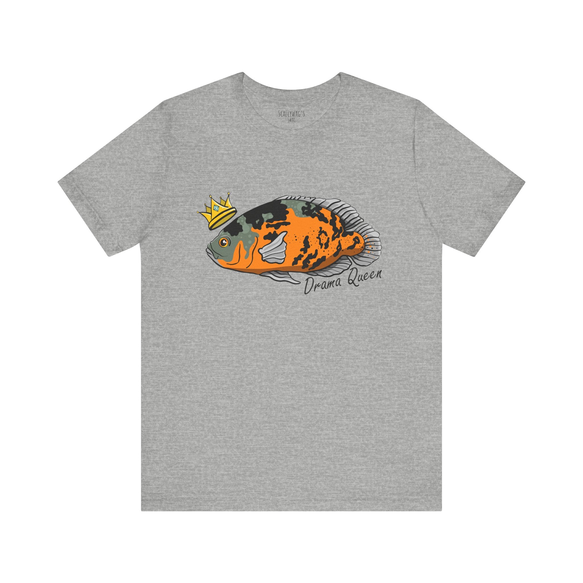 Gray Drama Queen Oscar Fish T-Shirt with orange and black fish graphic wearing a crown