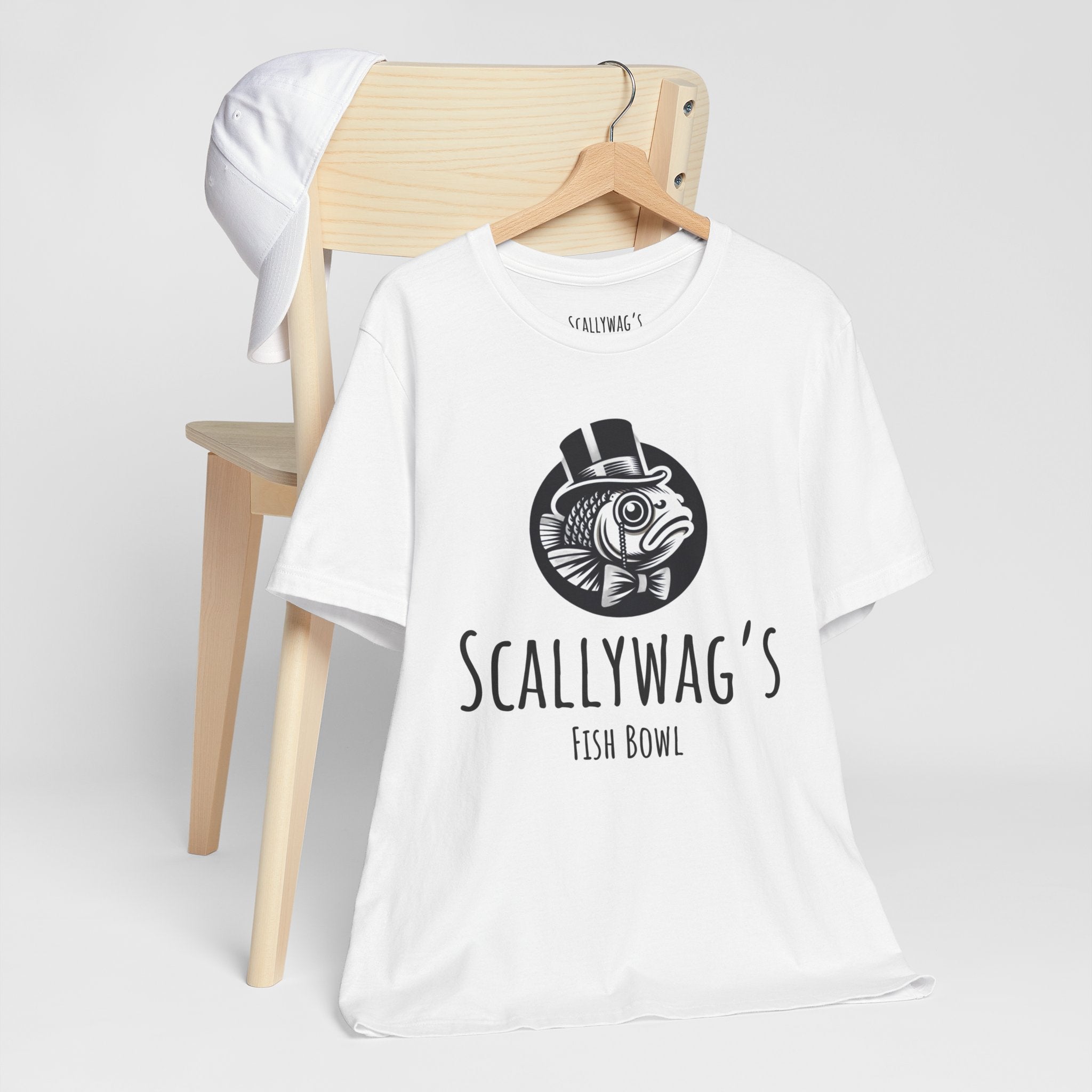 White Scallywag's Fish Bowl Logo Tee by Printify with fish graphic wearing top hat and bow tie