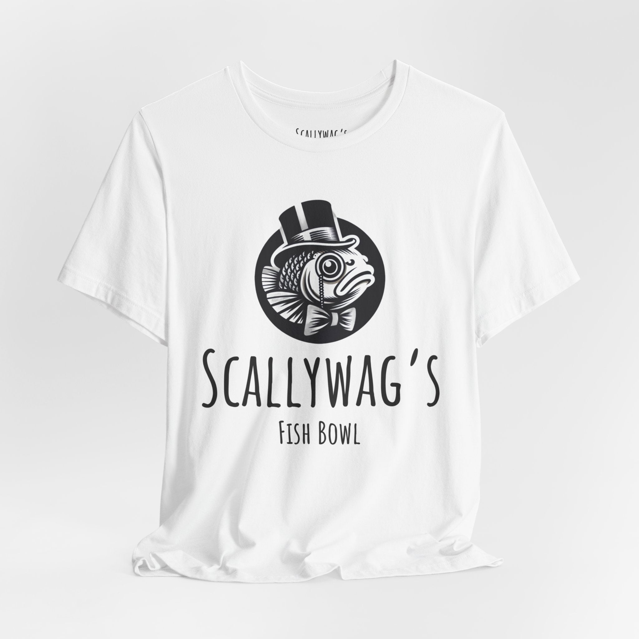 White Scallywag's Fish Bowl Logo Tee featuring a fish with top hat and bow tie graphic