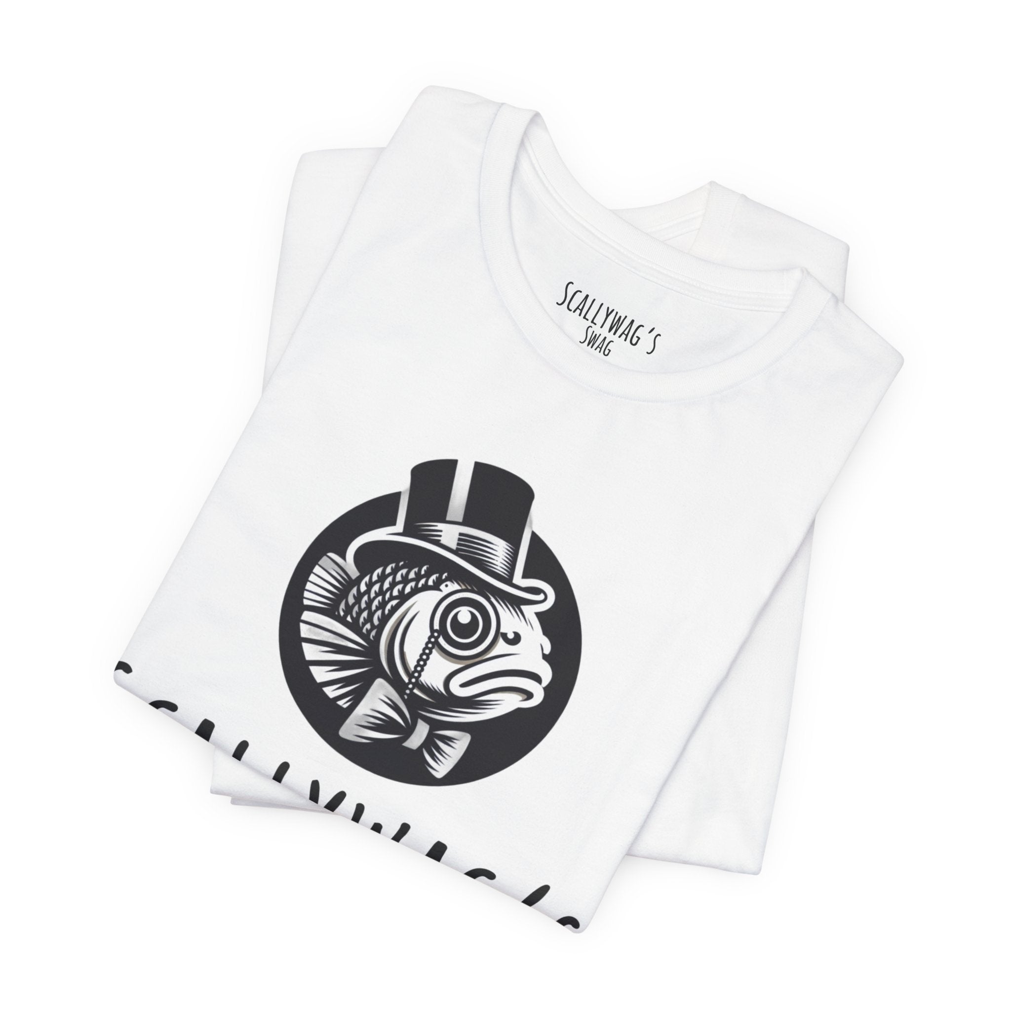 White Scallywag's Fish Bowl Logo Tee by Printify featuring a fish with a top hat and monocle graphic