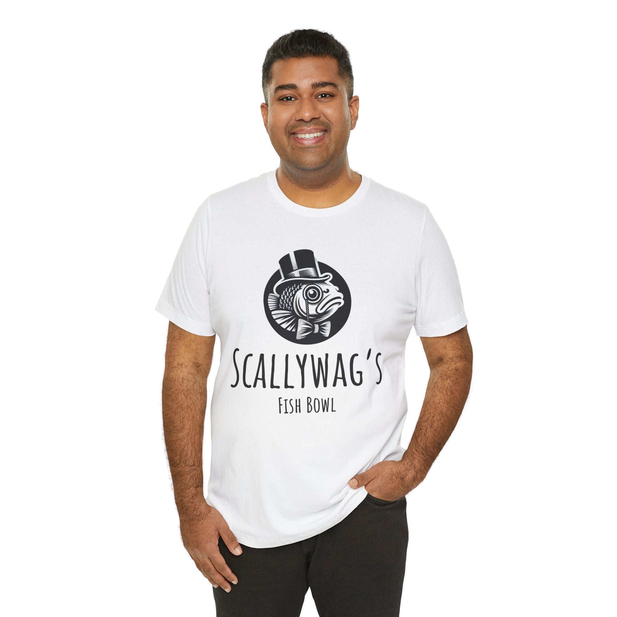 Man wearing a white Scallywag's Fish Bowl Logo Tee with black fish graphic and text