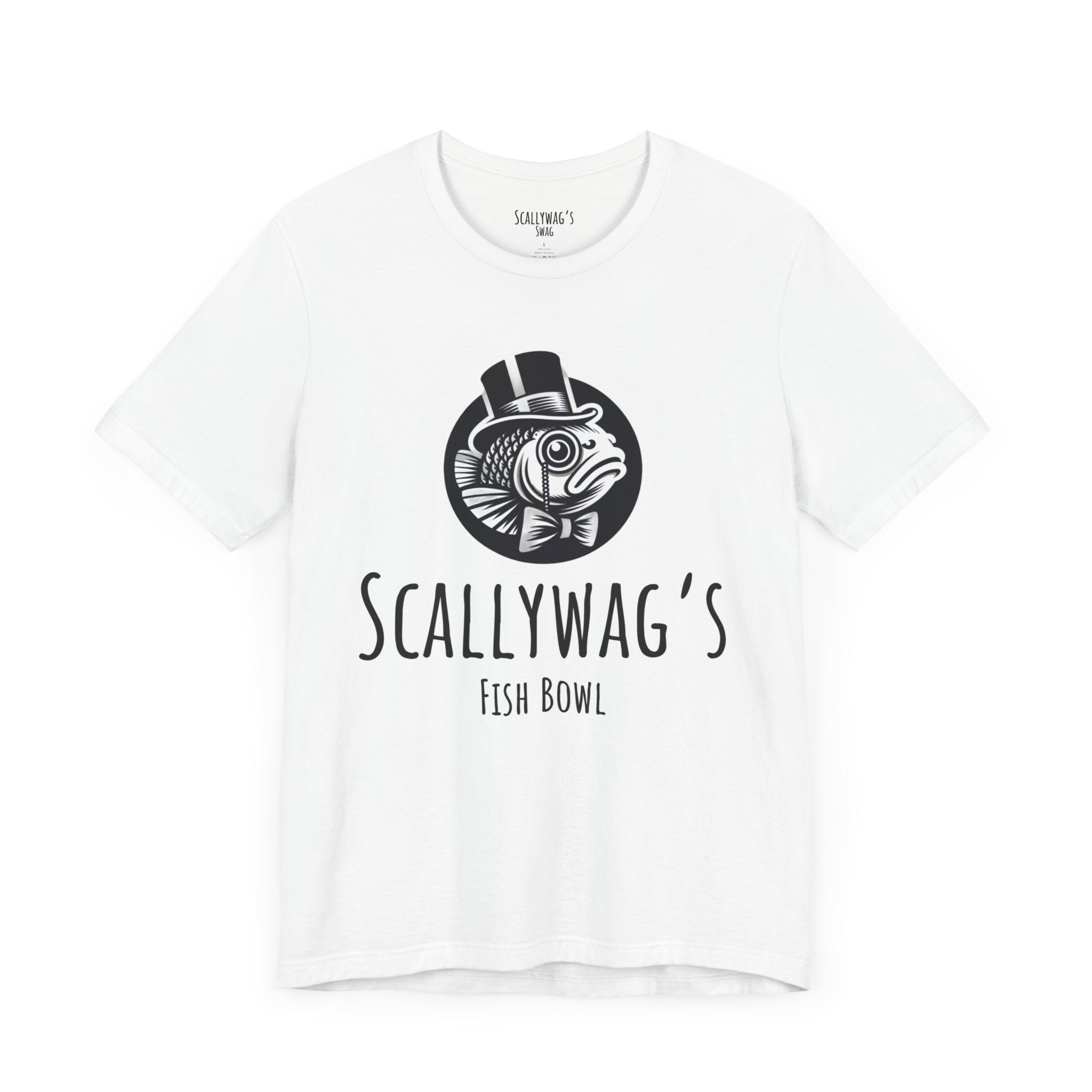 White Scallywag's Fish Bowl Logo Tee featuring a fish with a top hat and bow tie graphic