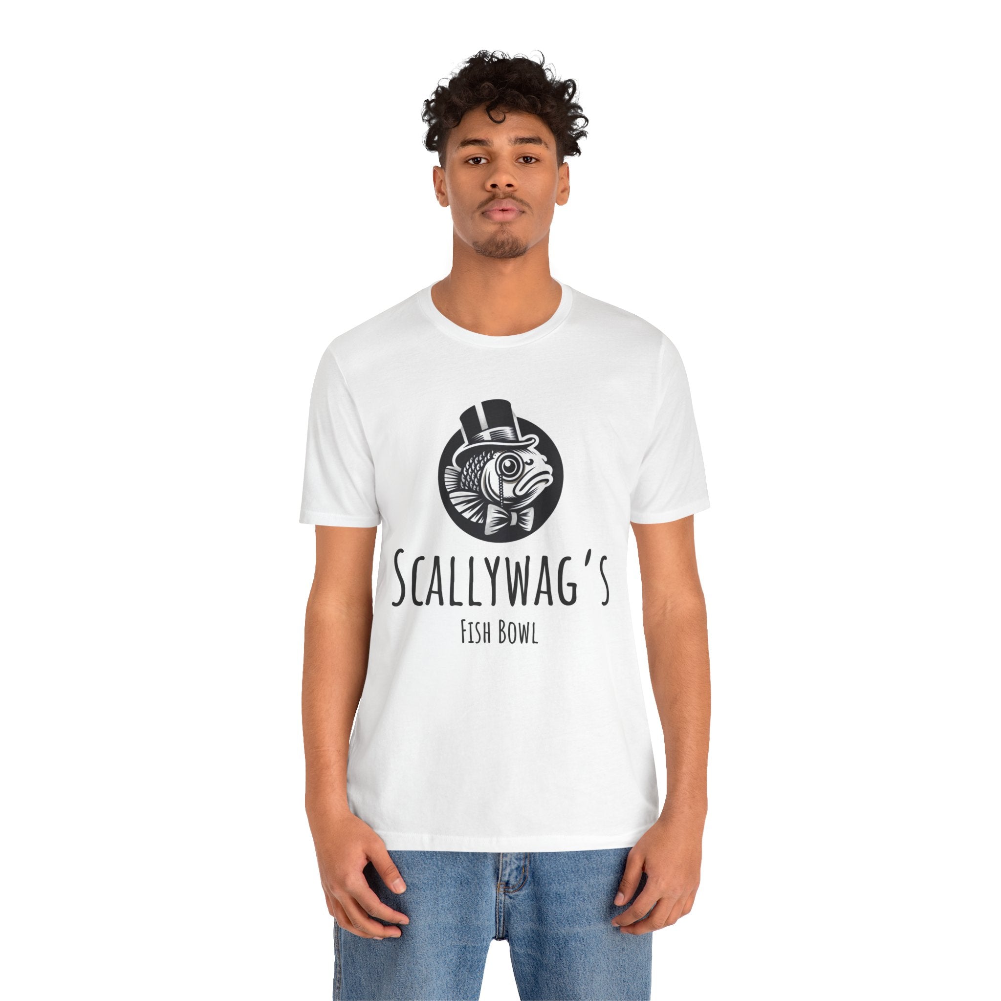 White Scallywag's Fish Bowl Logo Tee on male model featuring black fish logo and text