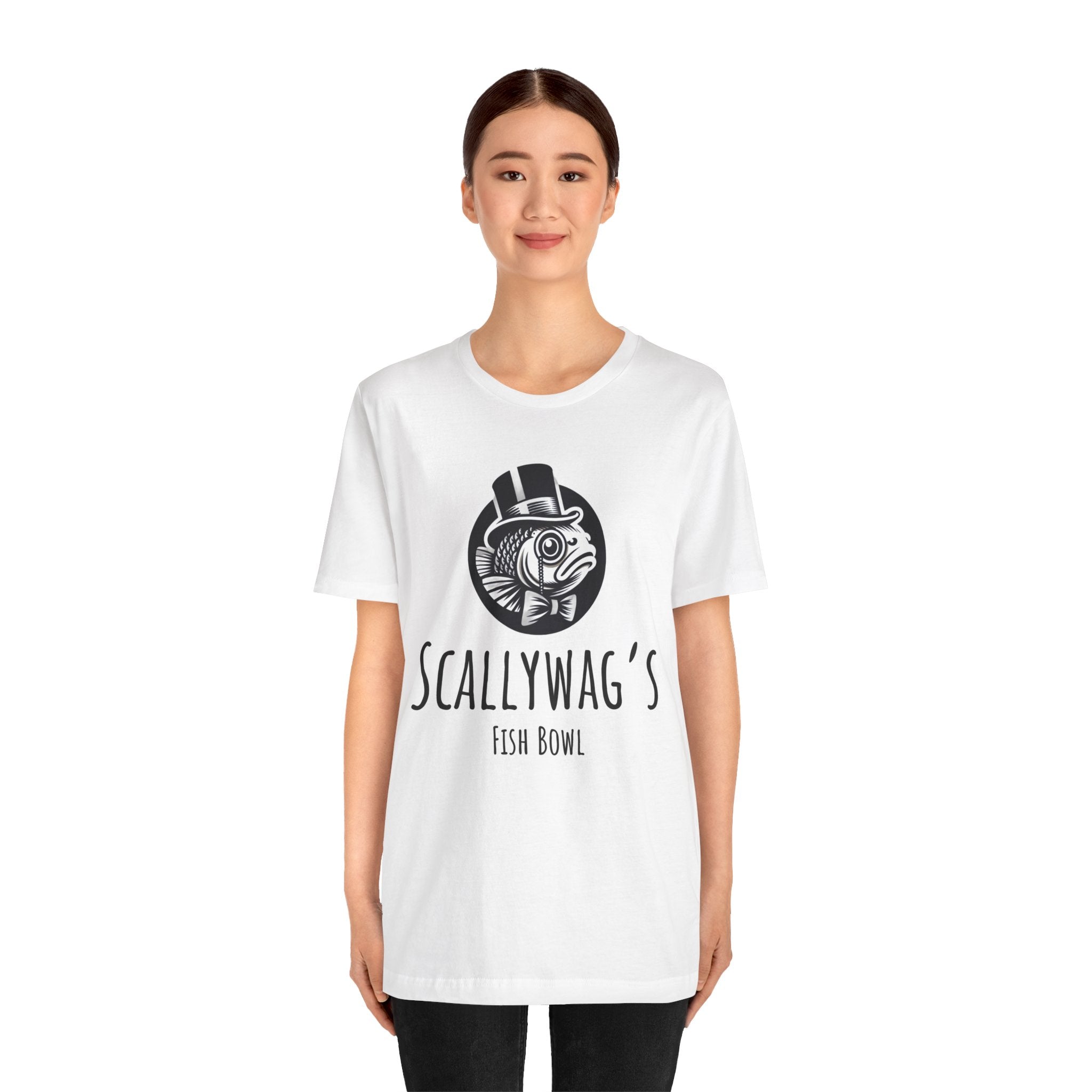White Scallywag's Fish Bowl Logo Teefeaturing a stylized fish wearing a top hat and bow tie
