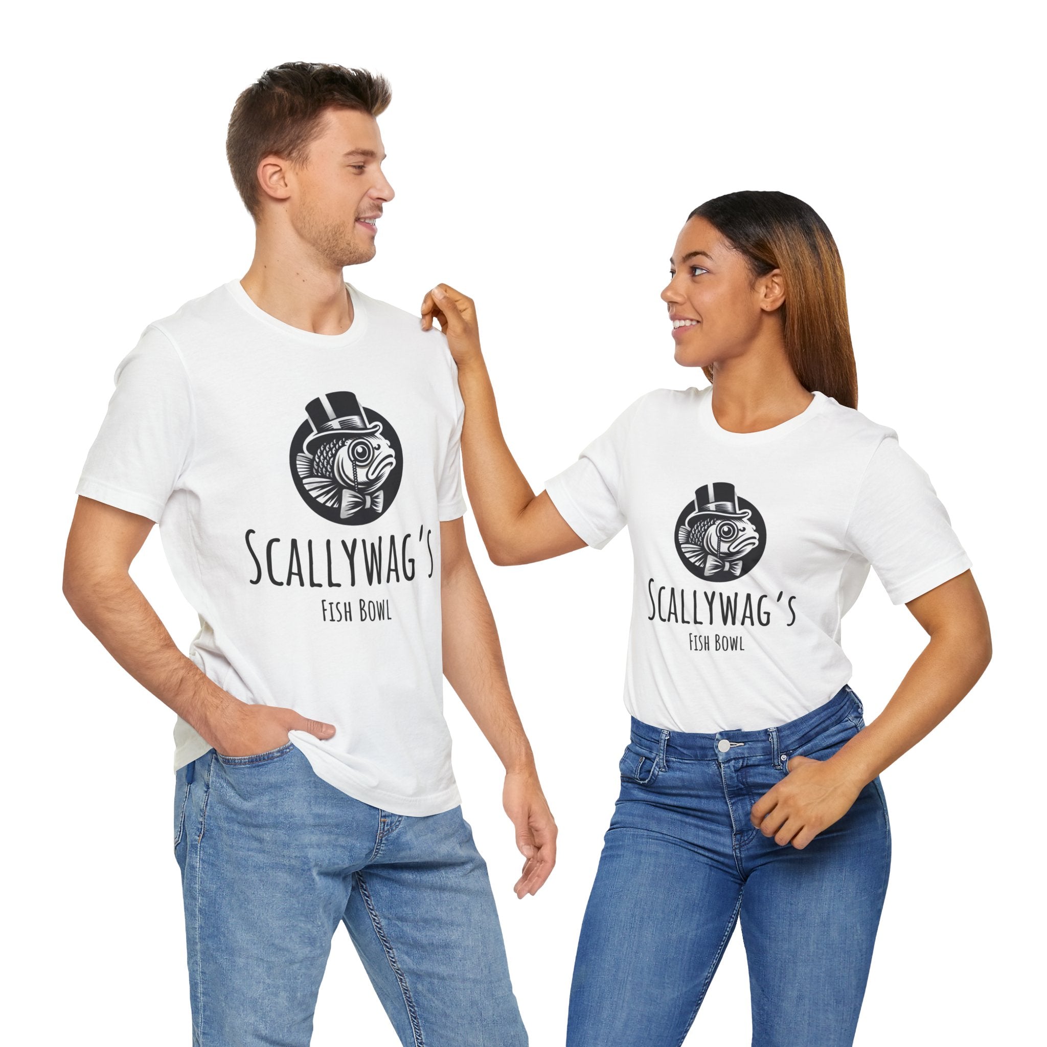 Man and woman wearing matching Scallywag's Fish Bowl Logo Tee white t-shirts from Printify