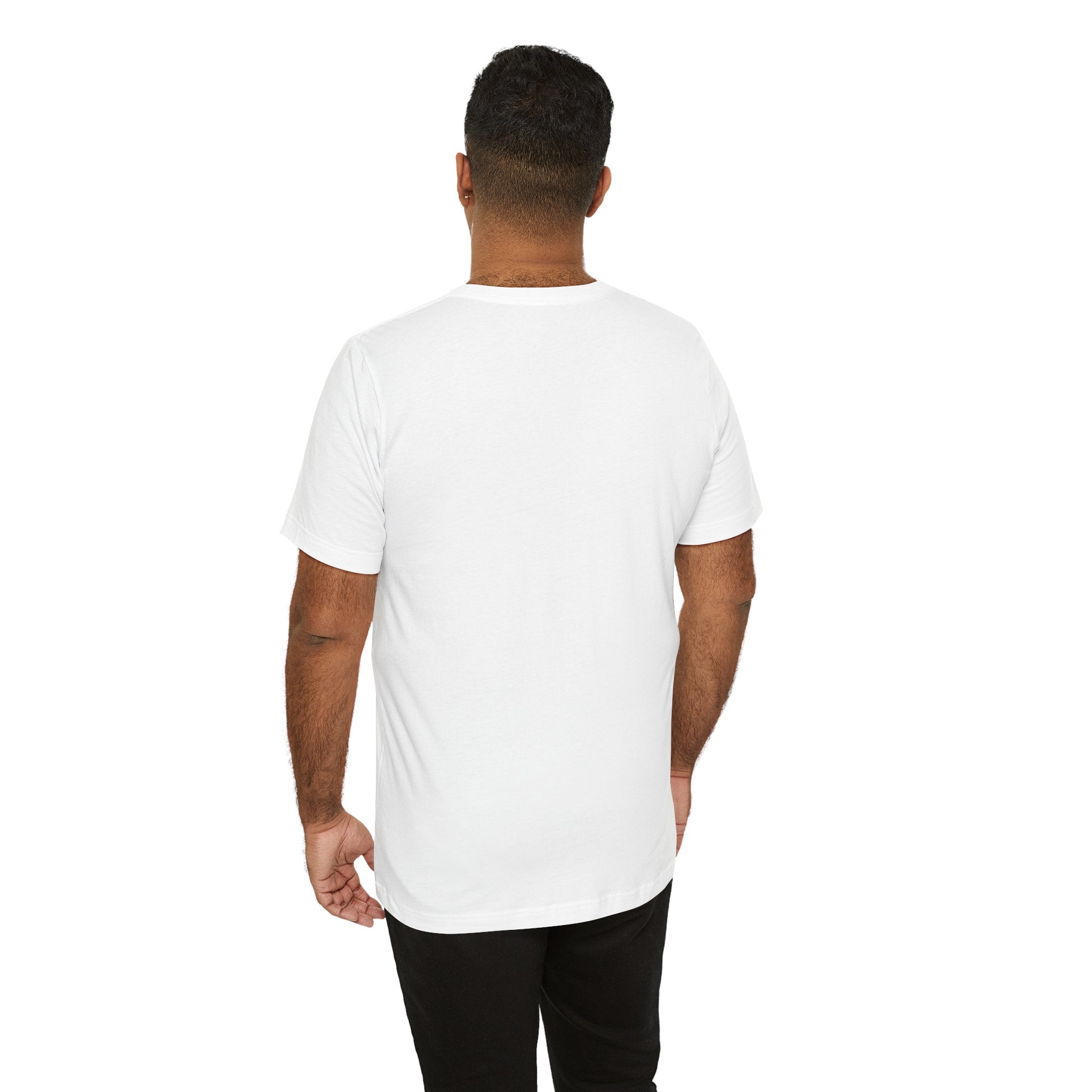 Back view of a man wearing a plain white Scallywag's Fish Bowl Logo Tee by Printify