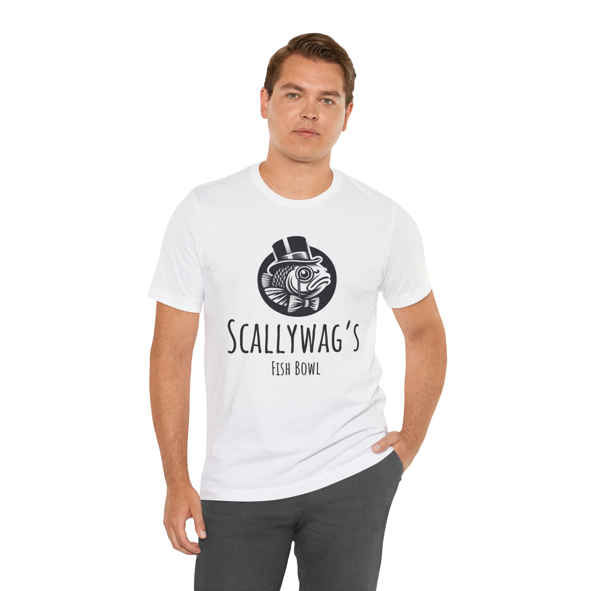 Printify white Scallywag's Fish Bowl Logo Tee featuring black fish graphic and text worn by male model