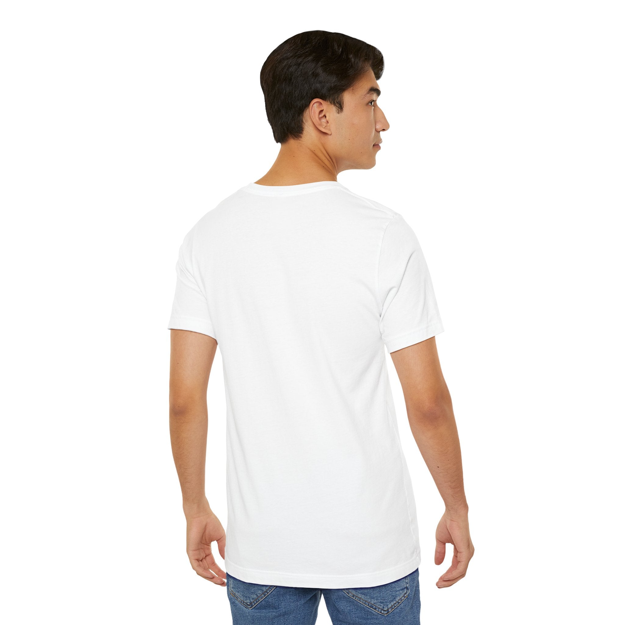 Back view of man wearing white Scallywag's Fish Bowl Logo Tee by Printify with short sleeves and crew neck