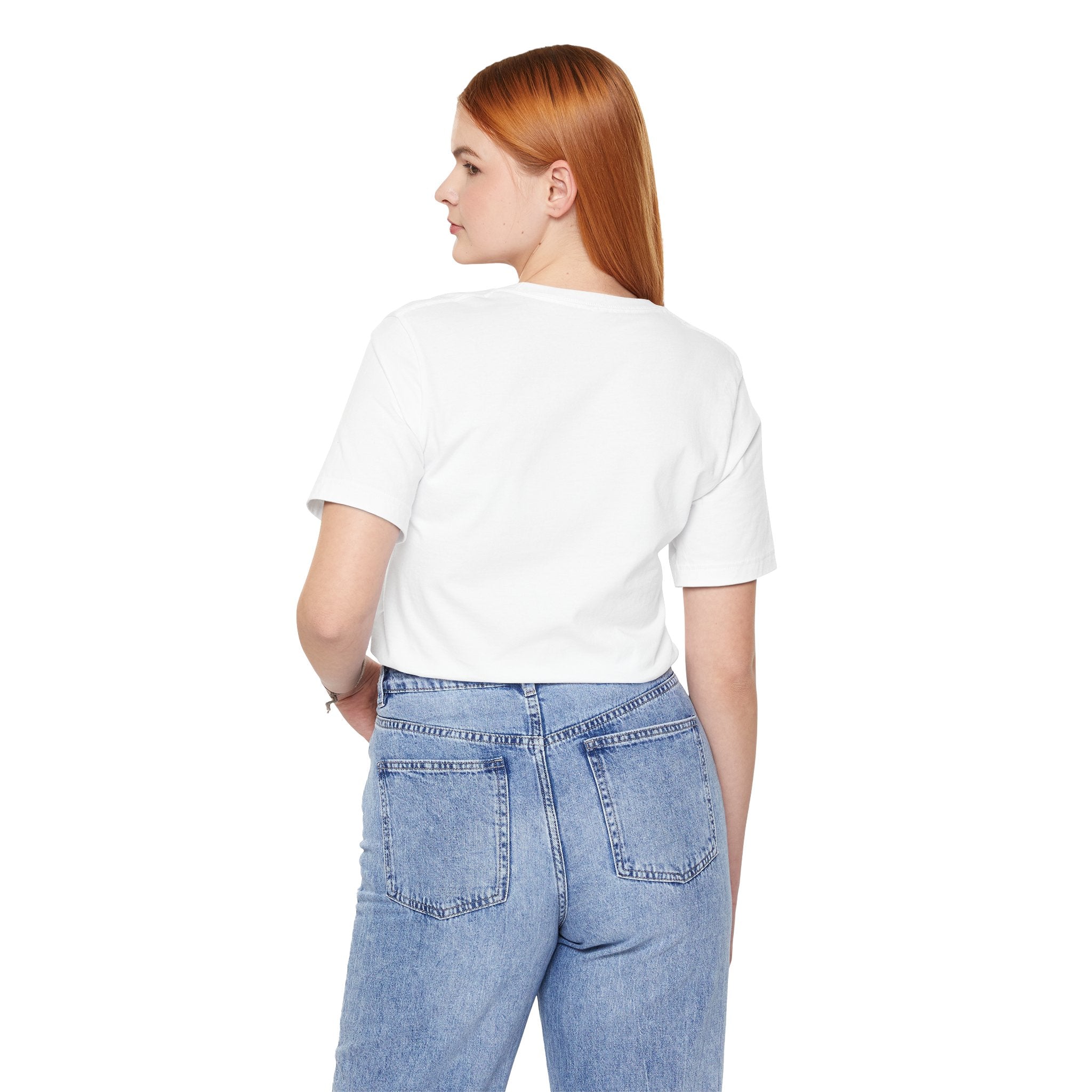 Back view of woman wearing white Scallywag's Fish Bowl Logo Tee by Printify with light blue jeans