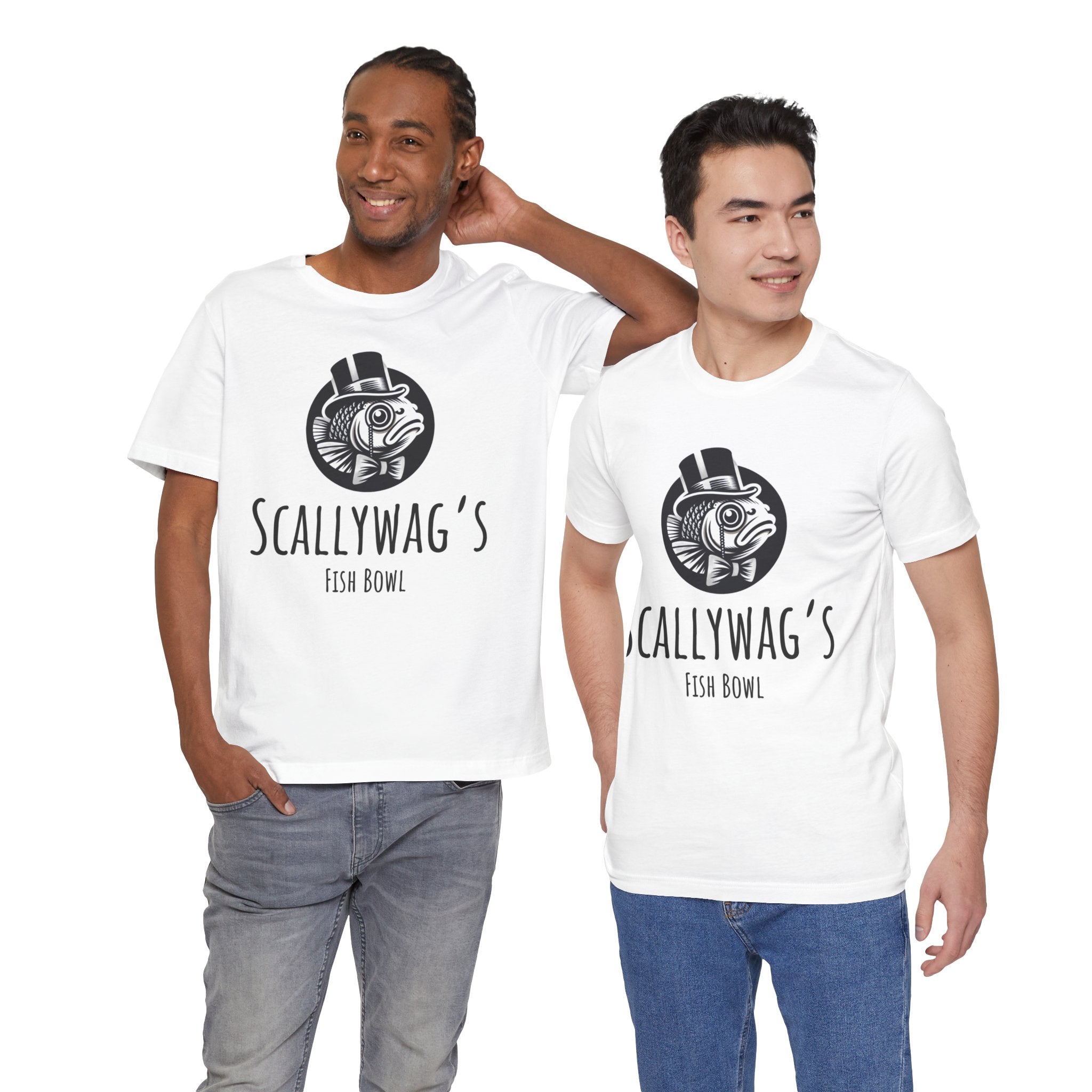 Two men wearing white Scallywag's Fish Bowl Logo Tee by Printify with fish bowl graphic and text