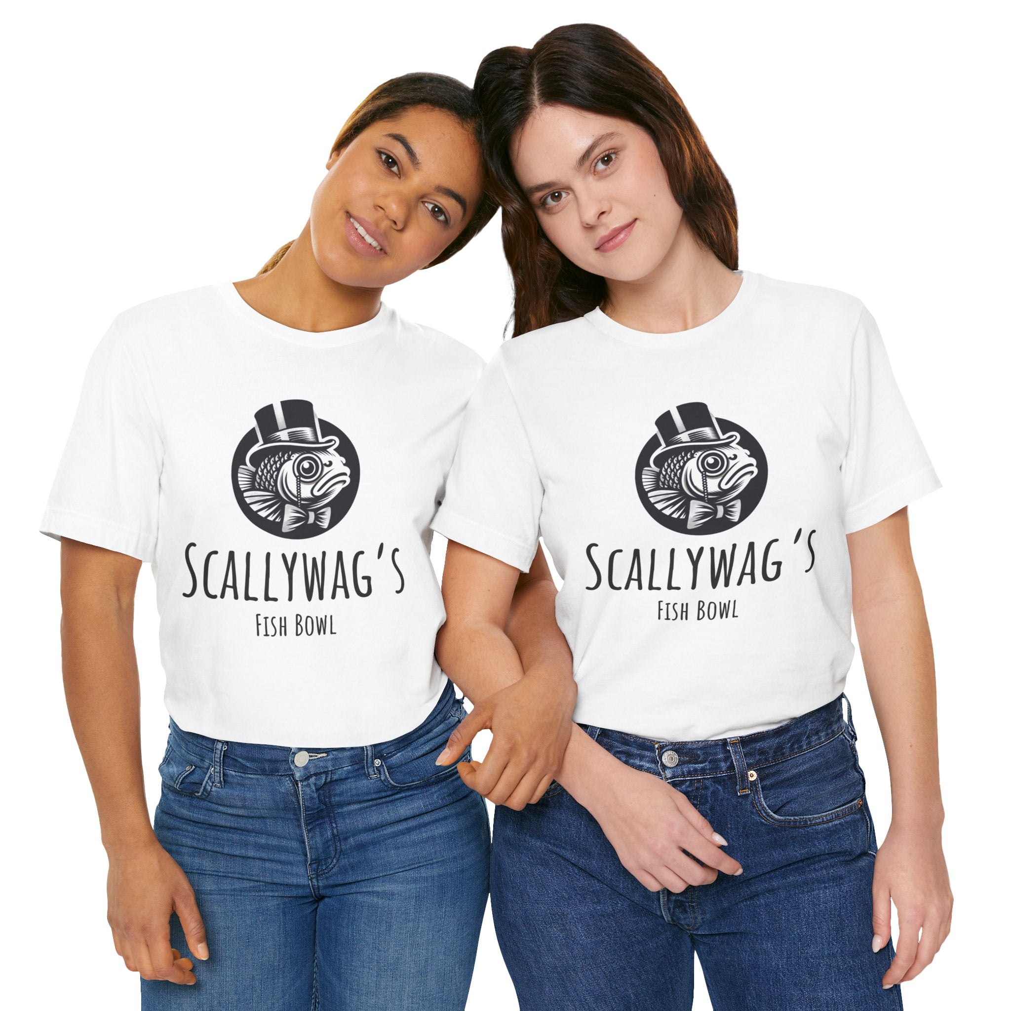 Two women wearing white Scallywag's Fish Bowl Logo Tee by Printify with fish graphic and text