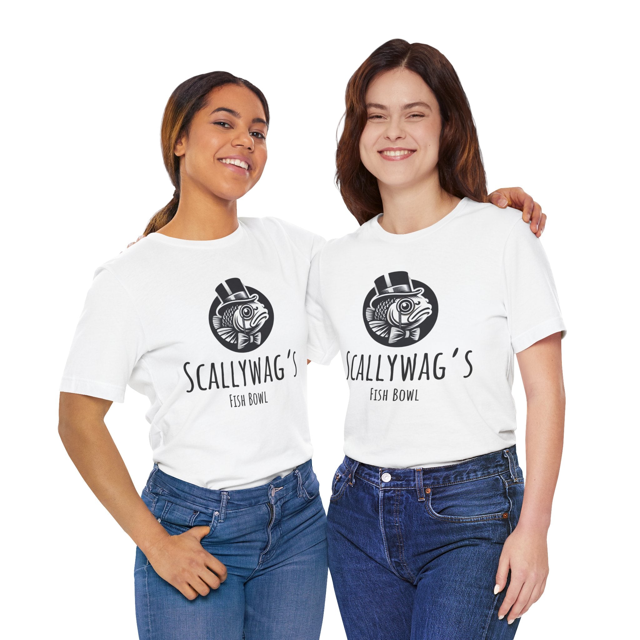 Two women wearing white Scallywag's Fish Bowl Logo Tee by Printify with black fish bowl graphic and text