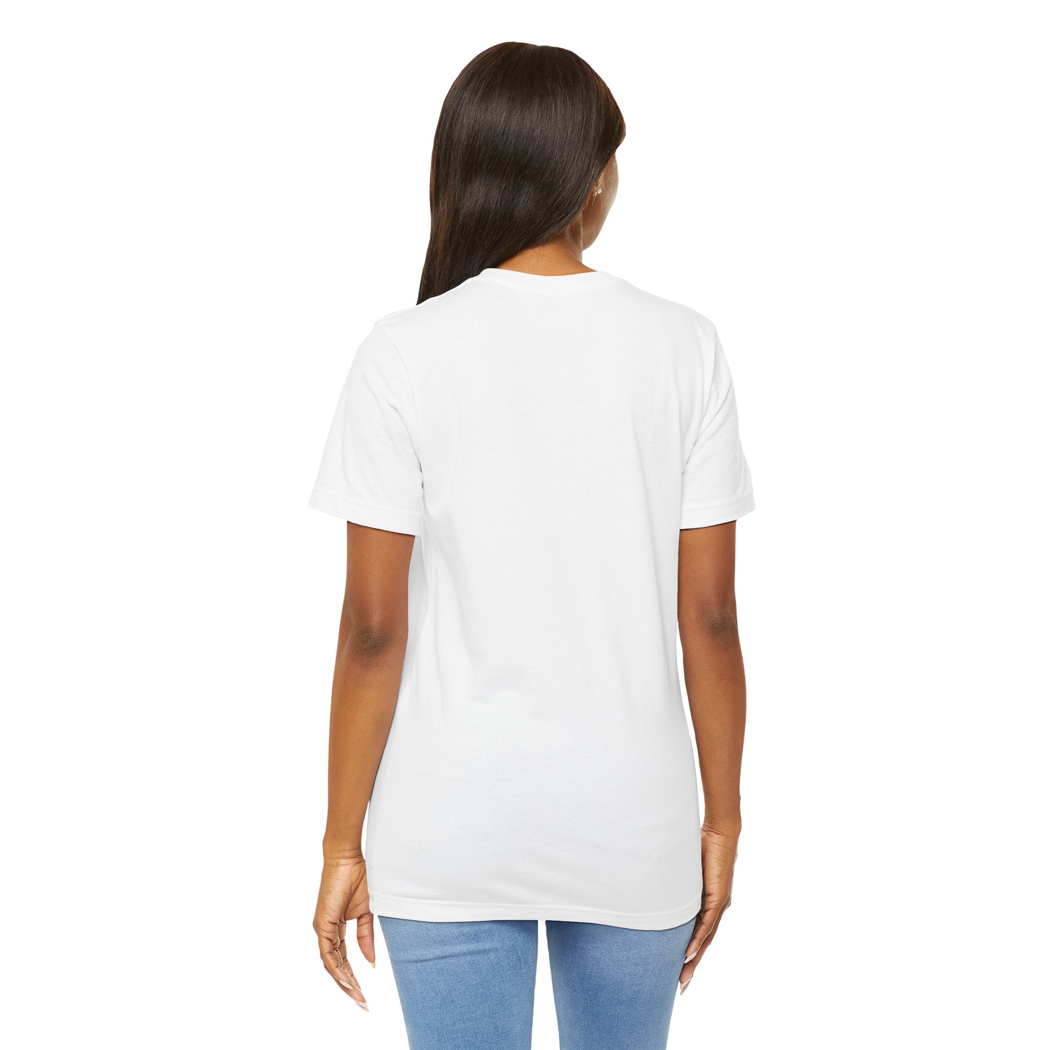 Back view of a woman wearing a plain white Scallywag's Fish Bowl Logo Tee by Printify with short sleeves