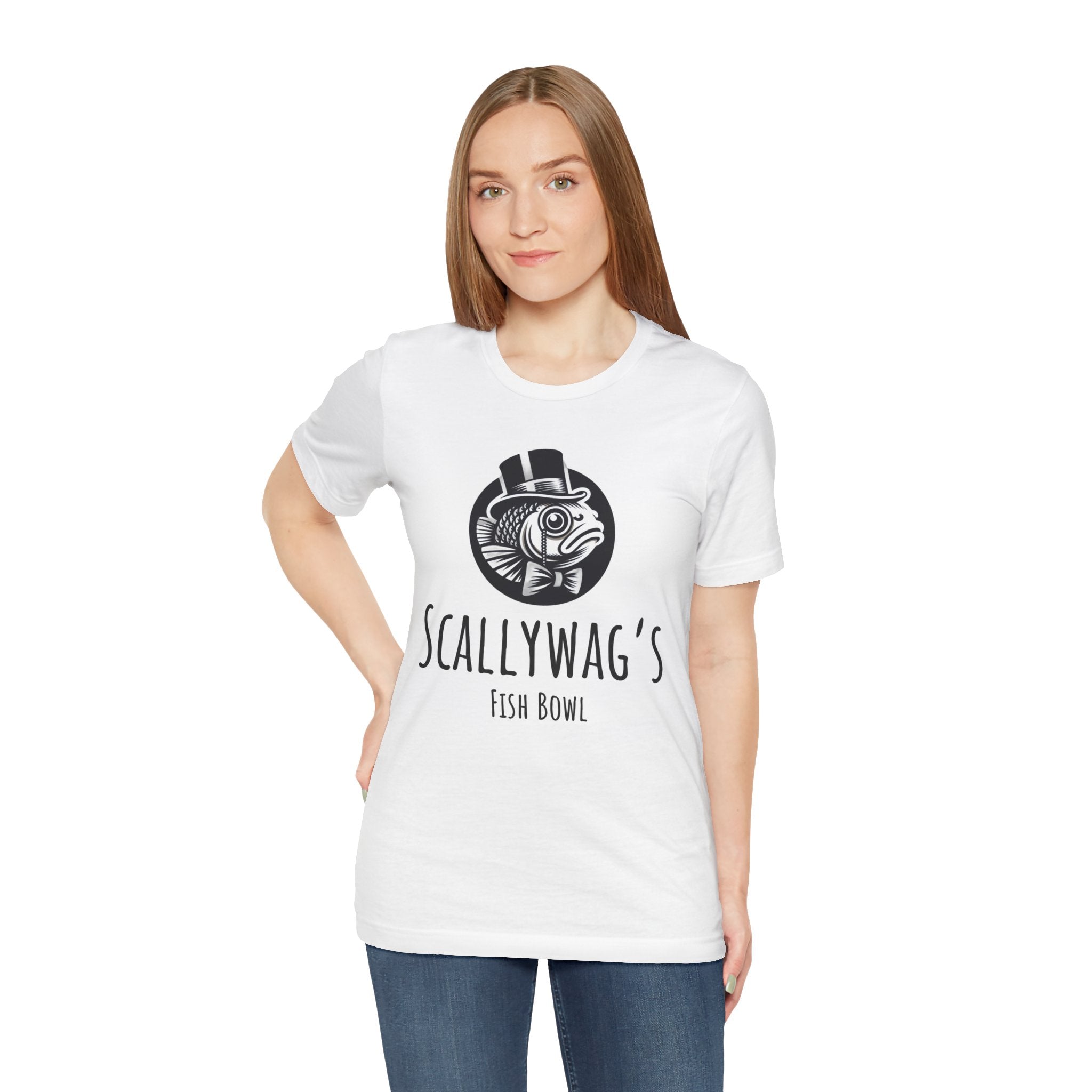 Woman wearing a white Scallywag's Fish Bowl Logo Tee by Printify with black fish graphic and text