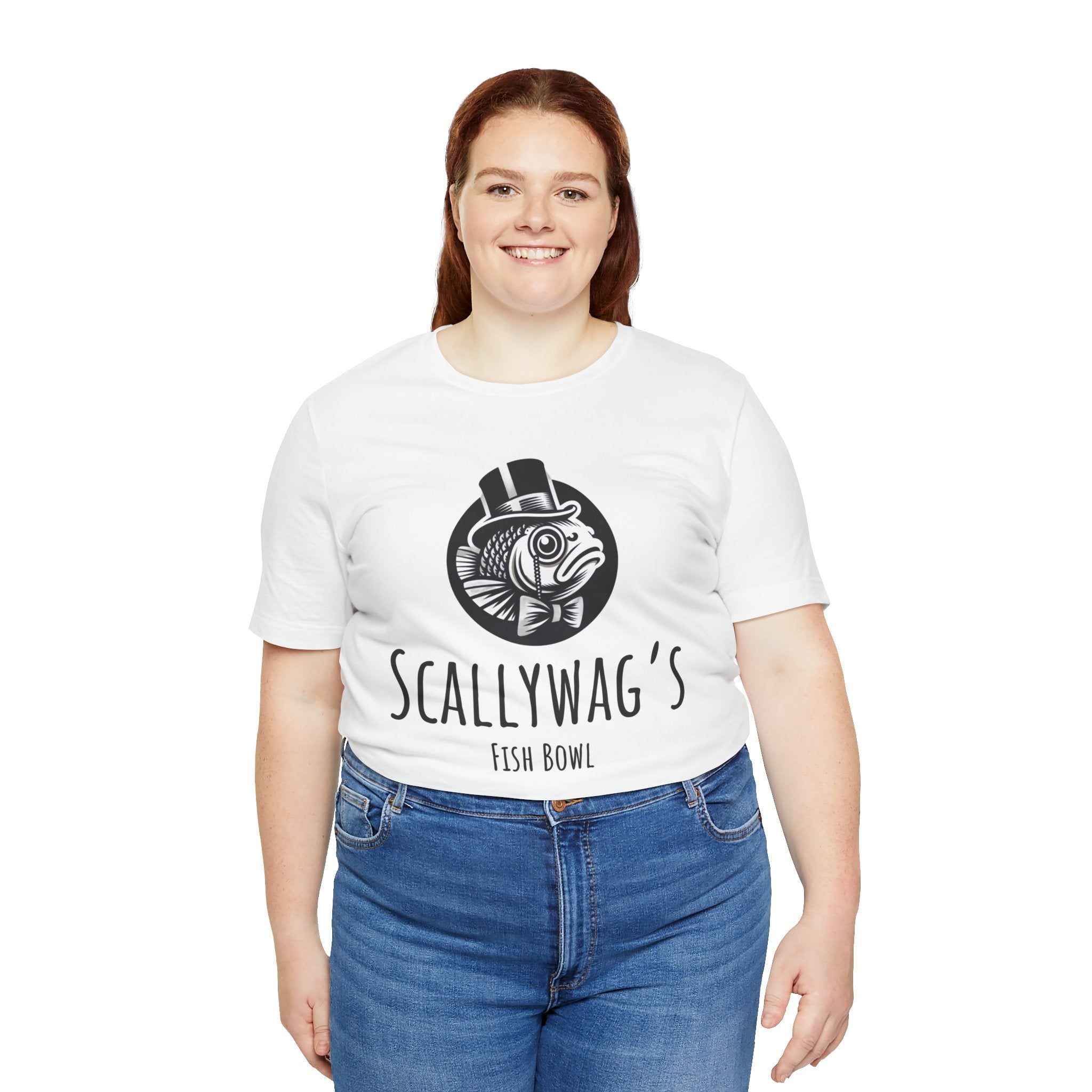 Smiling woman wearing a white Scallywag's Fish Bowl Logo Tee by Printify with fish graphic and text