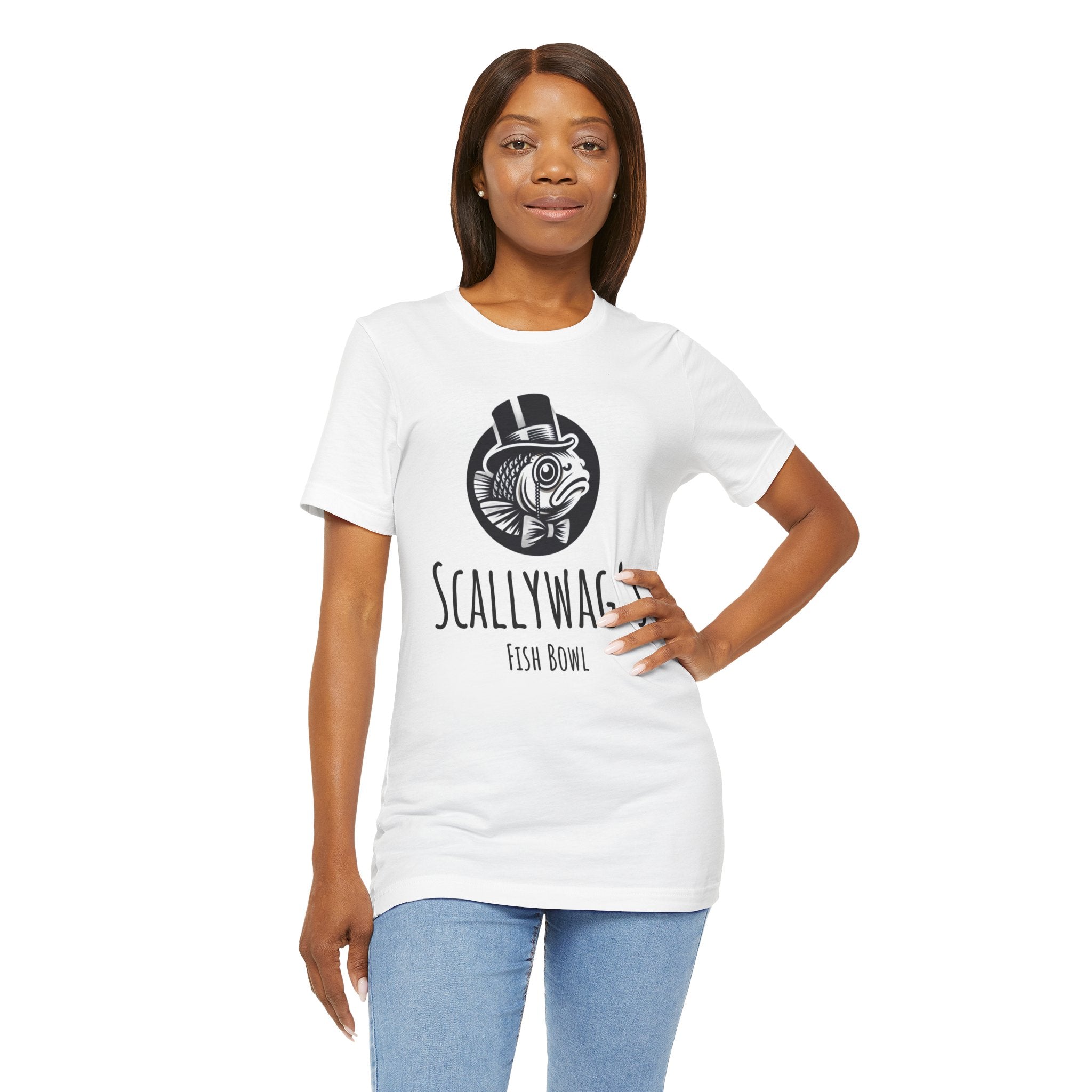 Printify white Scallywag's Fish Bowl Logo Tee with black fish graphic worn by woman