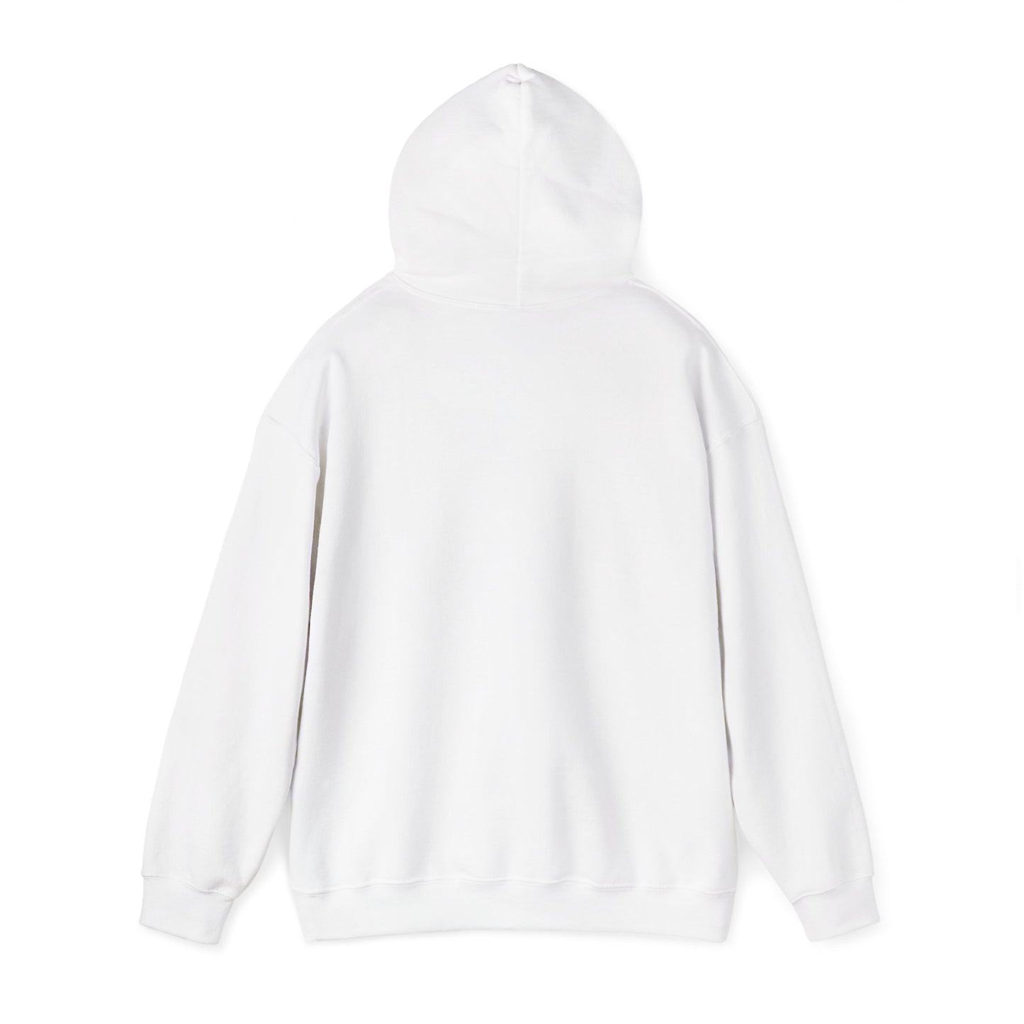 Back view of a plain white Oscar fish hoodie by Printify with a hood and long sleeves