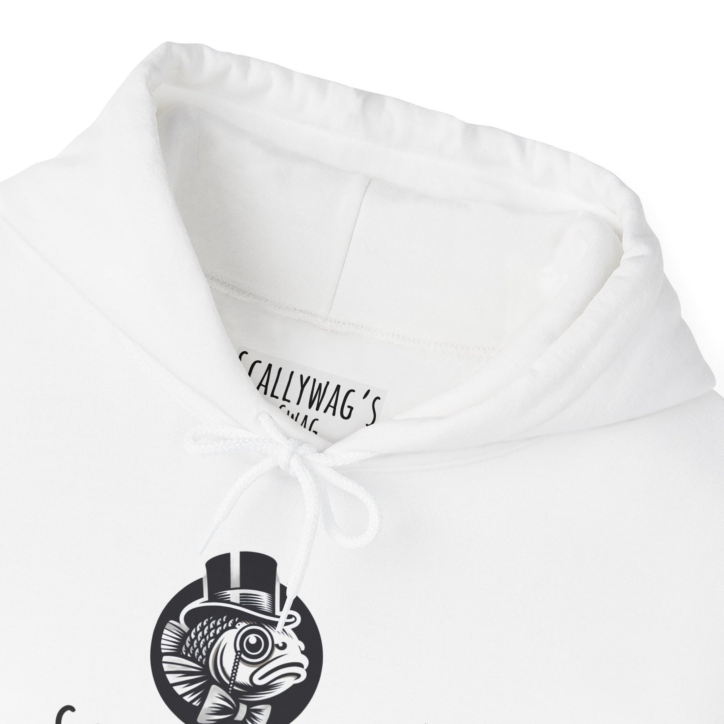 White Oscar fish hoodie from Printify featuring a black graphic of an Oscar fish wearing a top hat