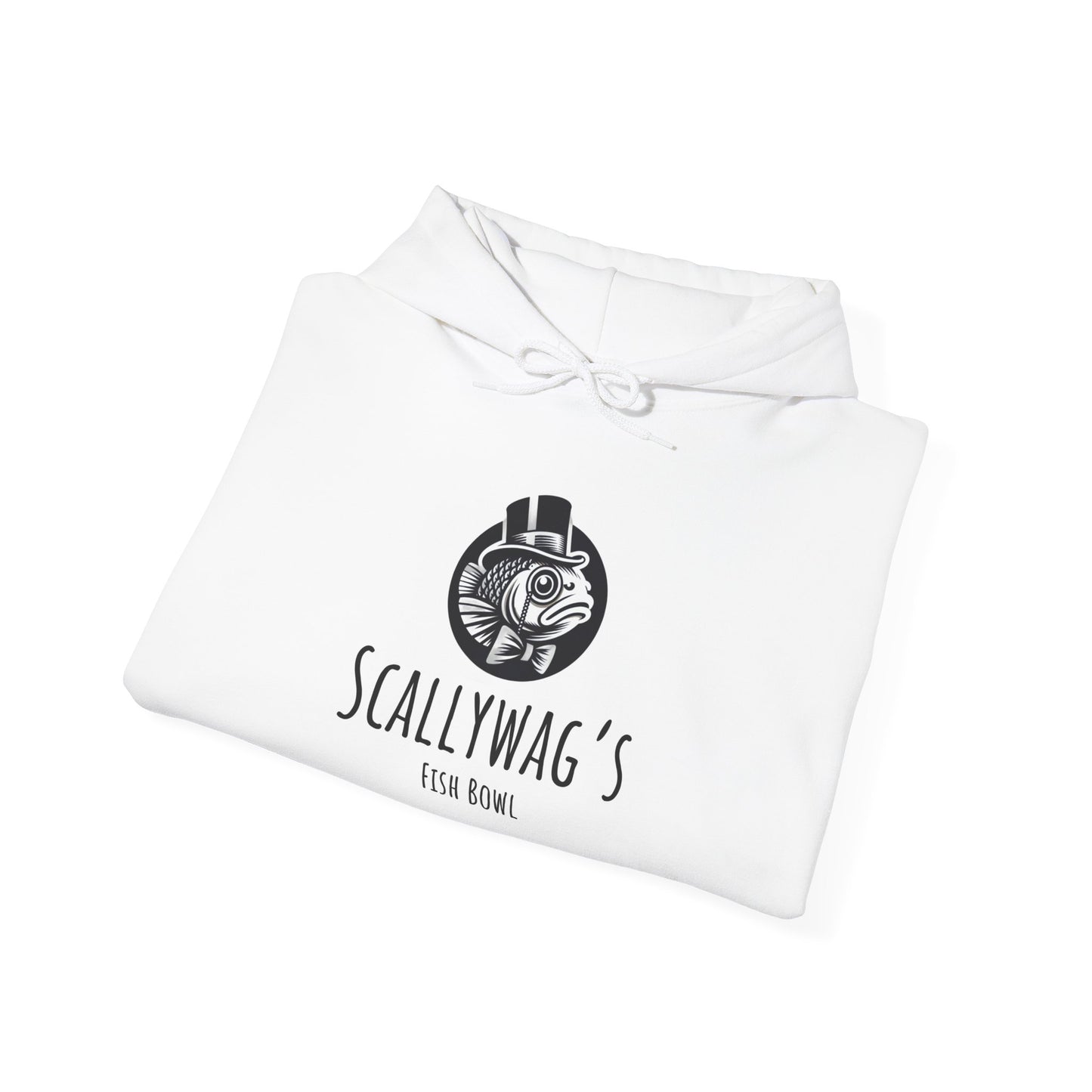 White Printify hoodie featuring a black Scallywag's Fish Bowl logo with a fish wearing a top hat Oscar fish hoodie