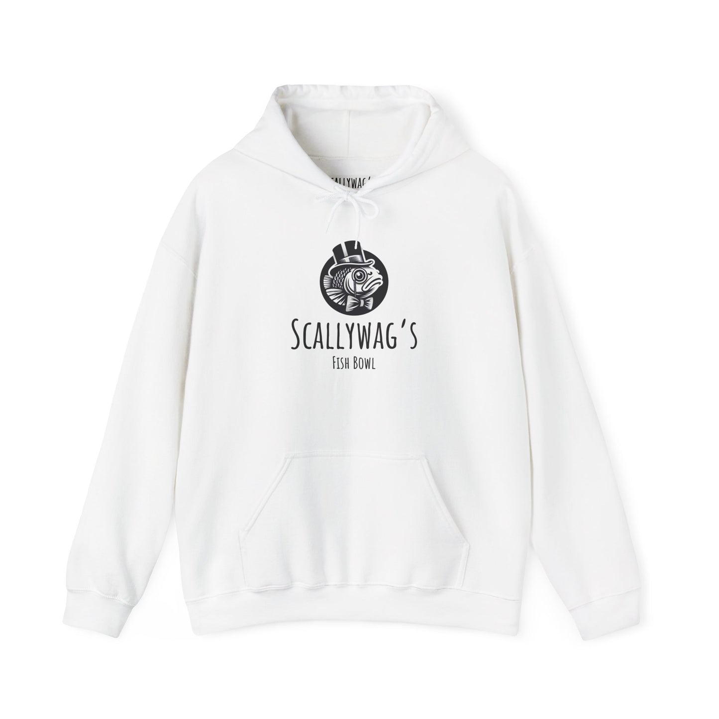 White Printify hoodie with black Scallywag's Fish Bowl logo featuring Oscar fish design Oscar fish hoodie