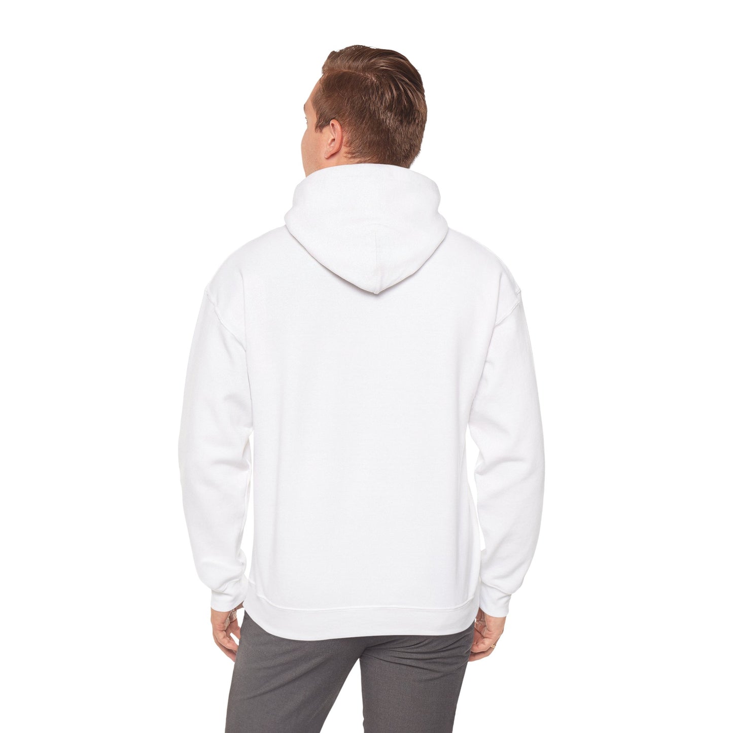 Back view of man wearing plain white hoodie from Printify Oscar fish hoodie collection