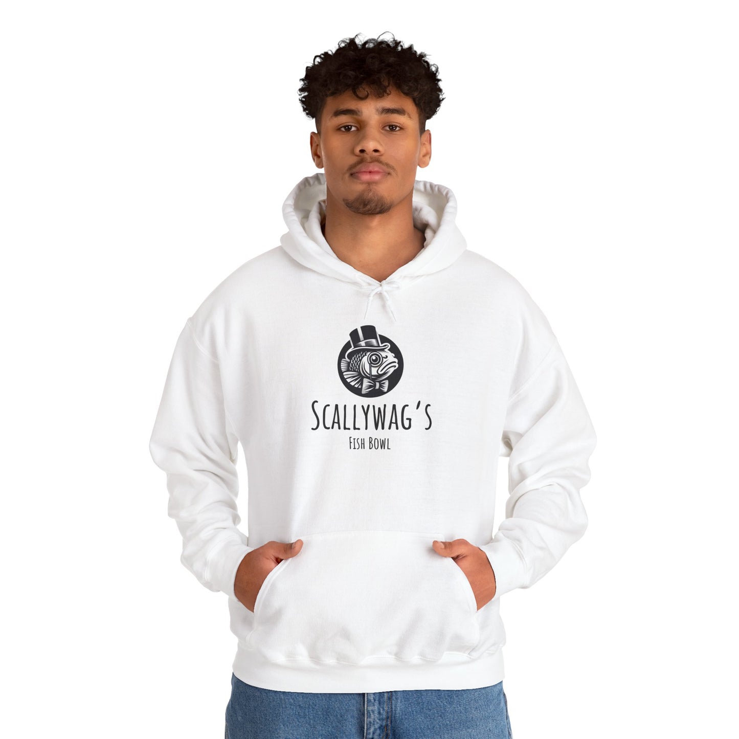 White Oscar fish hoodie from Printify with Scallywag's Fish Bowl logo worn by a man
