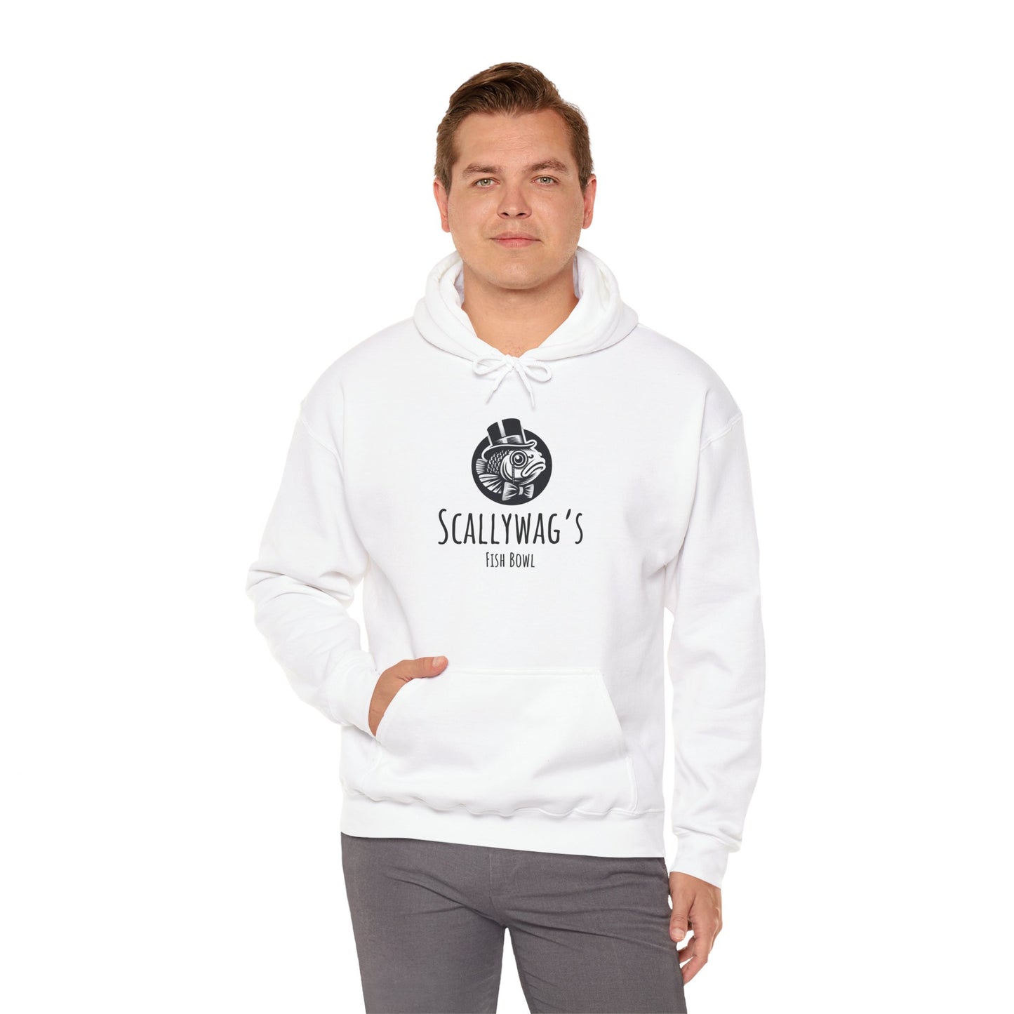 White Printify hoodie featuring black Scallywag's Fish Bowl logo Oscar fish hoodie design