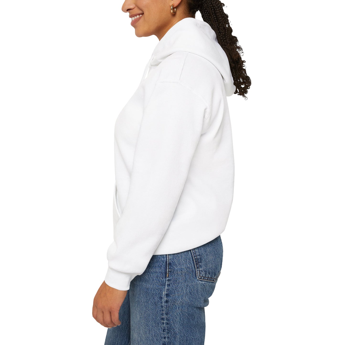 Side view of woman wearing white Oscar fish hoodie by Printify with hood and kangaroo pocket