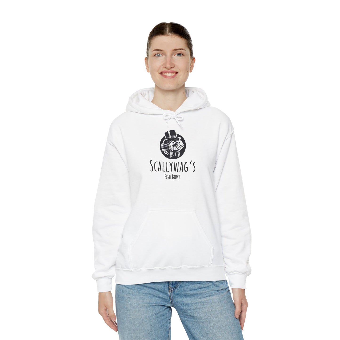 White Oscar fish hoodie by Printify featuring Scallywag's Fish Bowl logo worn by smiling woman