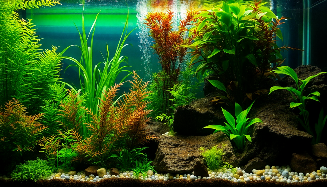 Freshwater tank with lush aquatic plants showcasing habitat for shrimp and snails for freshwater tanks