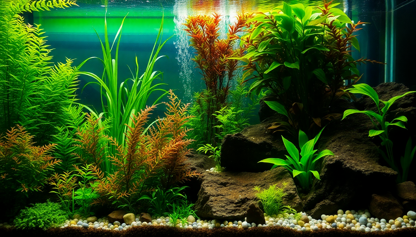 Freshwater tank with lush aquatic plants showcasing habitat for shrimp and snails for freshwater tanks