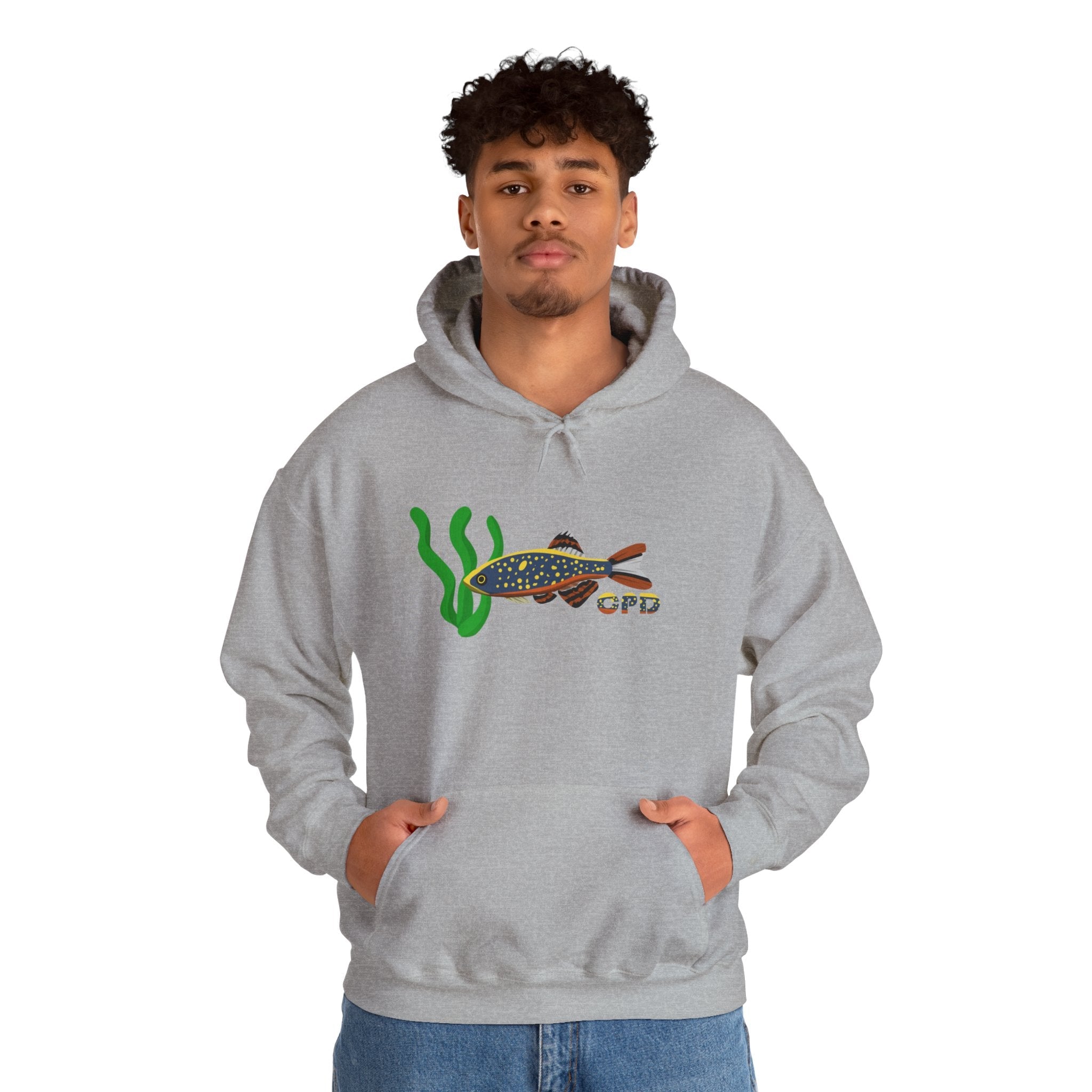 Man wearing gray hoodie with colorful fish and aquatic plant graphic, showcasing favorite products