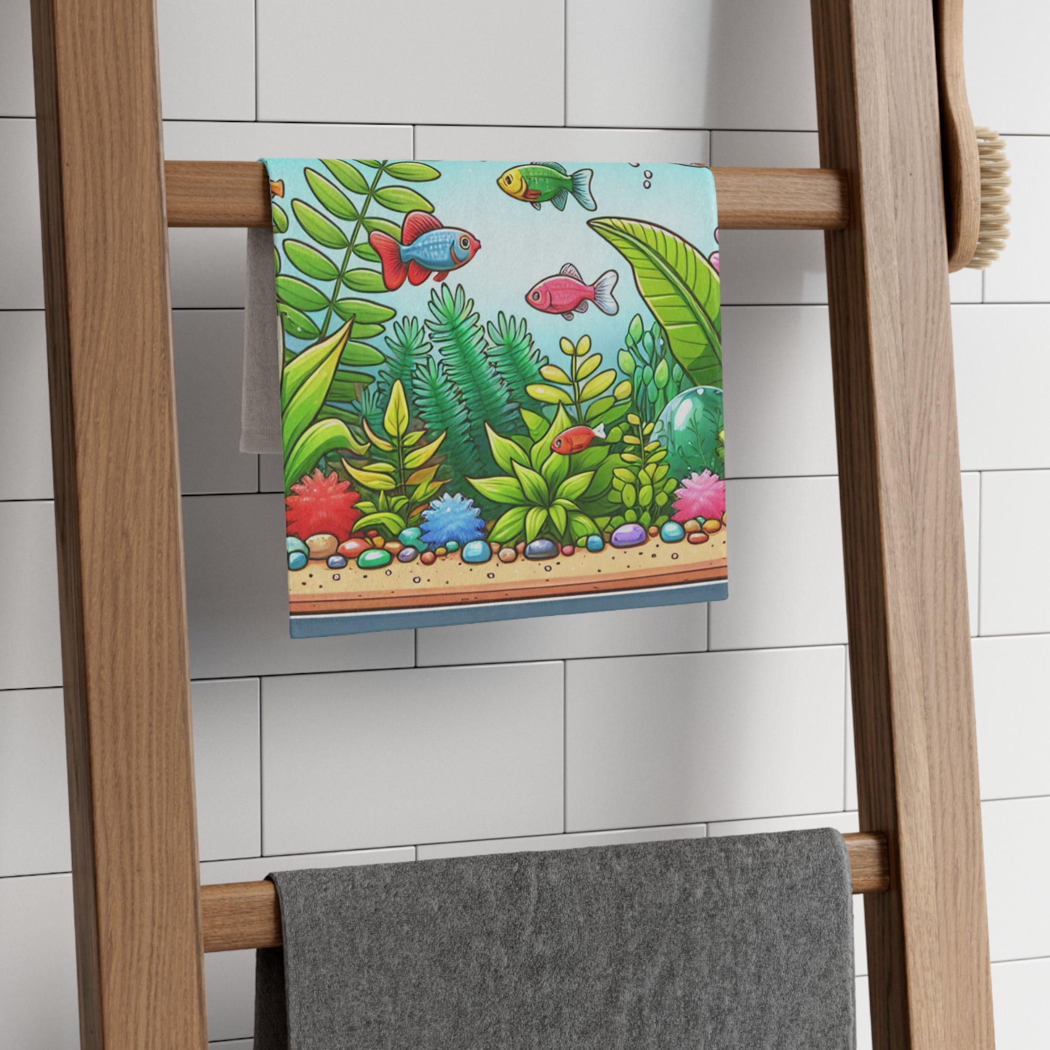 Tank cleaning towel with colorful aquarium design hanging on wooden ladder featuring aquarium polishing towel