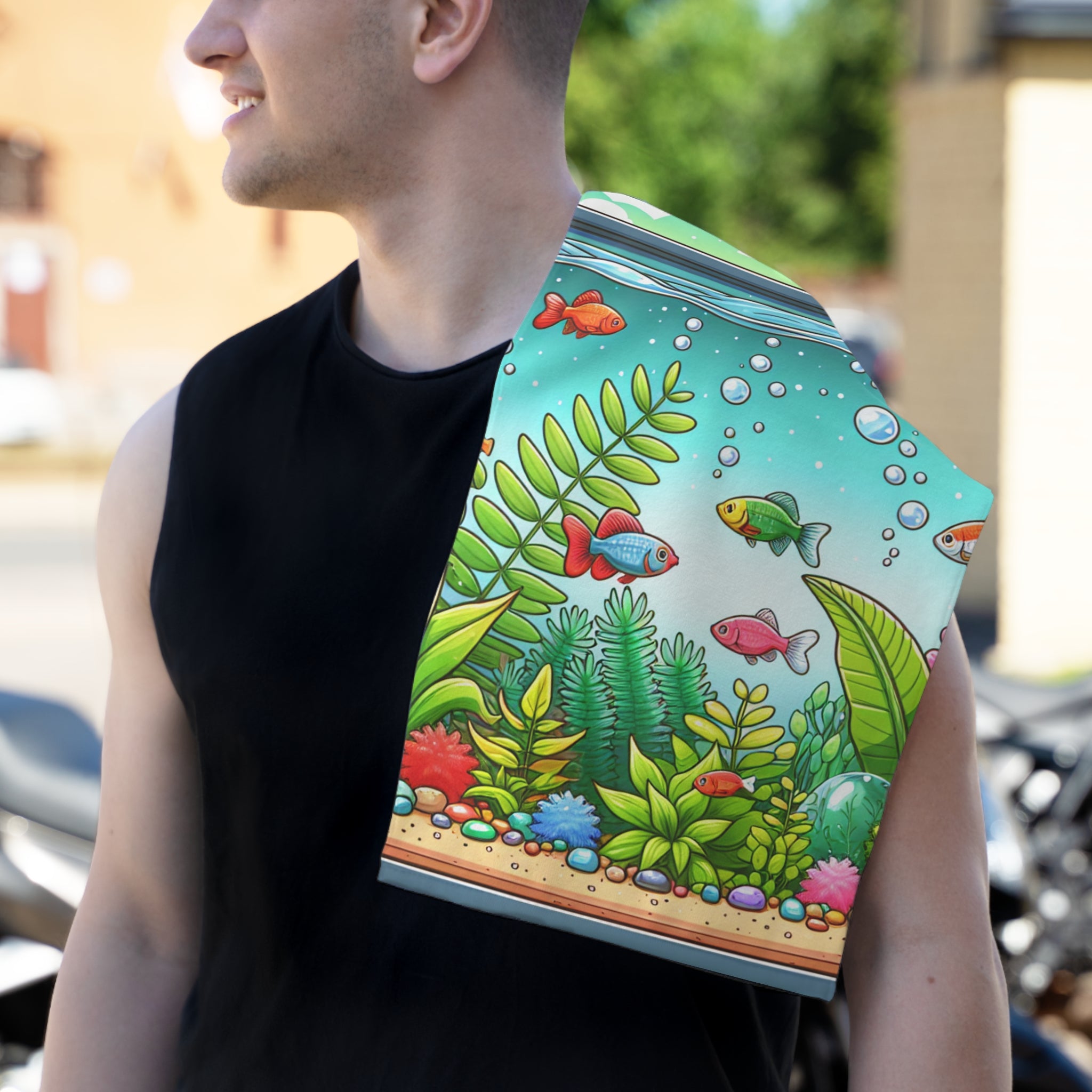 Tank cleaning towel with colorful fish and aquatic plants design, perfect aquarium polishing towel